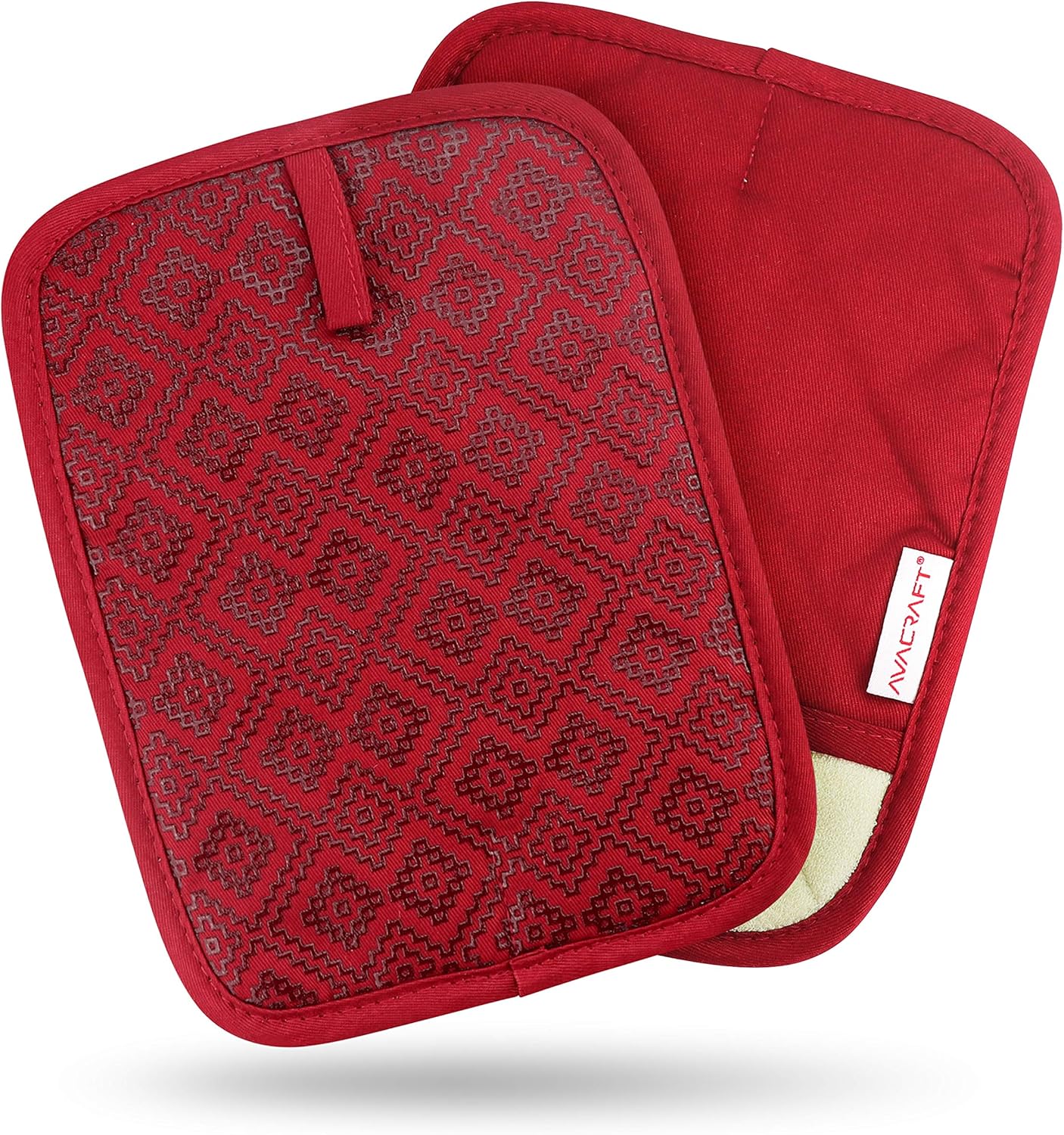 AVACRAFT Red Pot Holders Set, Flexible, 100% Cotton with Non-Slip Heat Resistant Silicone Design, Thick Terry Cloth Interior, Hot Pads, 500 F Heat Resistant Kitchen Mitts (Red Pot Holder)