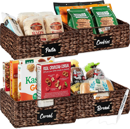 Best Choice Products Set of 4 13x12in Water Hyacinth Pantry Baskets, Woven Organizers w/Chalkboard Label, Chalk Marker - Brown