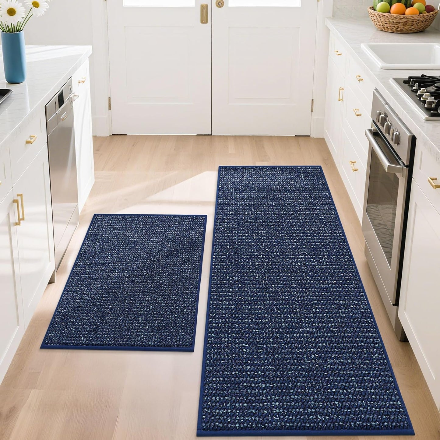 BEQHAUSE Kitchen Rugs and Mats 2PCS, Non-Slip Kitchen Mats for Floor, Absorbent and Stain Resistant Kitchen Runner, Machine Washable Rugs for Kitchen, Laundry & Sink, 20"x32"+20"x48", Blue