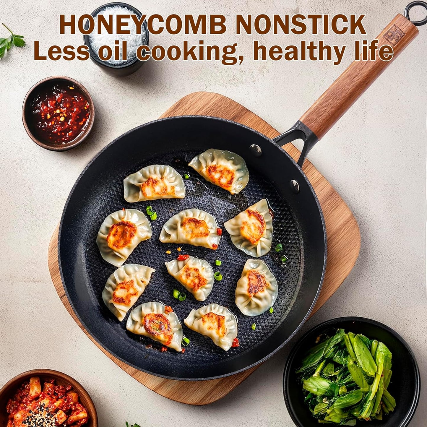 DM Cast Iron Skillet, 2 Piece Nonstick Frying Pan Set, 10 and 12 Inch with Detachable Acacia Wooden Handle, Honeycomb Non stick Omelet Egg Pan, Easy Clean Oven Safe Pans for Cooking