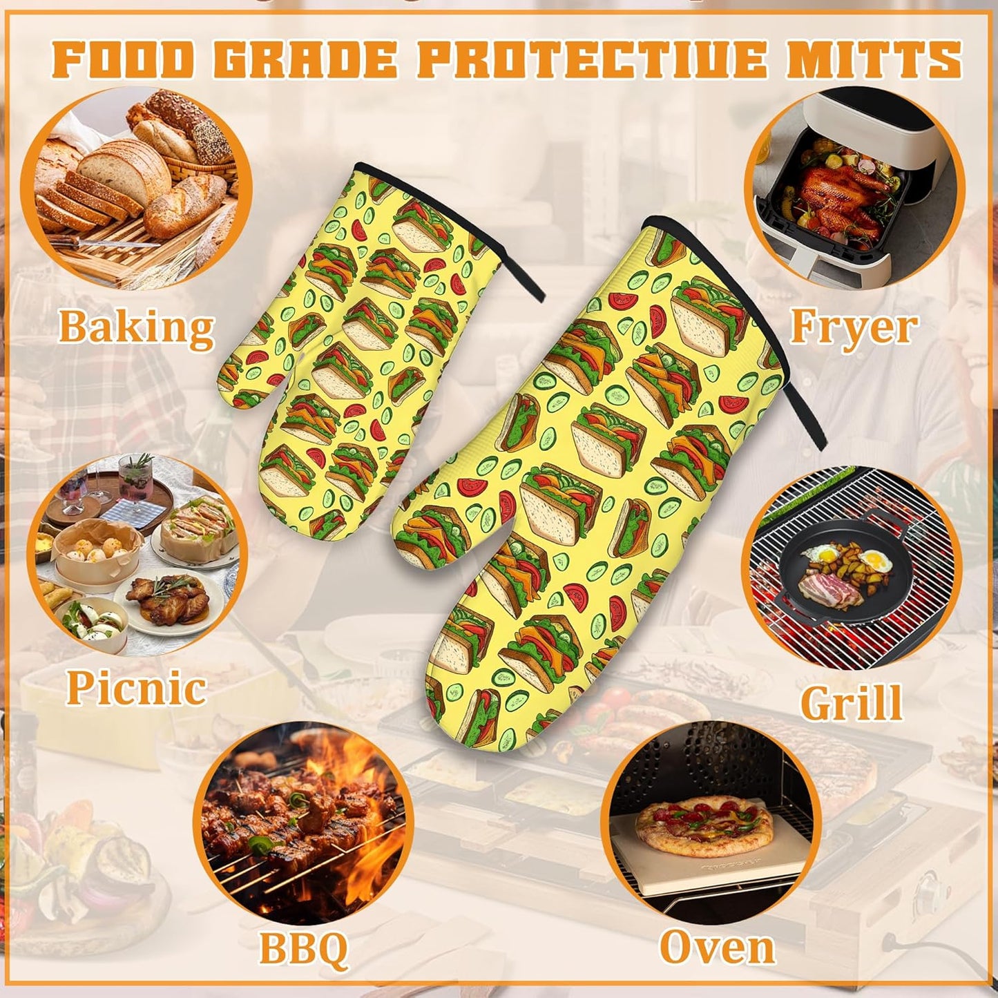 Cute Sandwich Oven Mitts and Pot Holders,Heat Resistant Oven Mitts Gloves and Pot Holder for Home Kitchen Decorations Cooking Baking BBQ Gifts,Set of 4