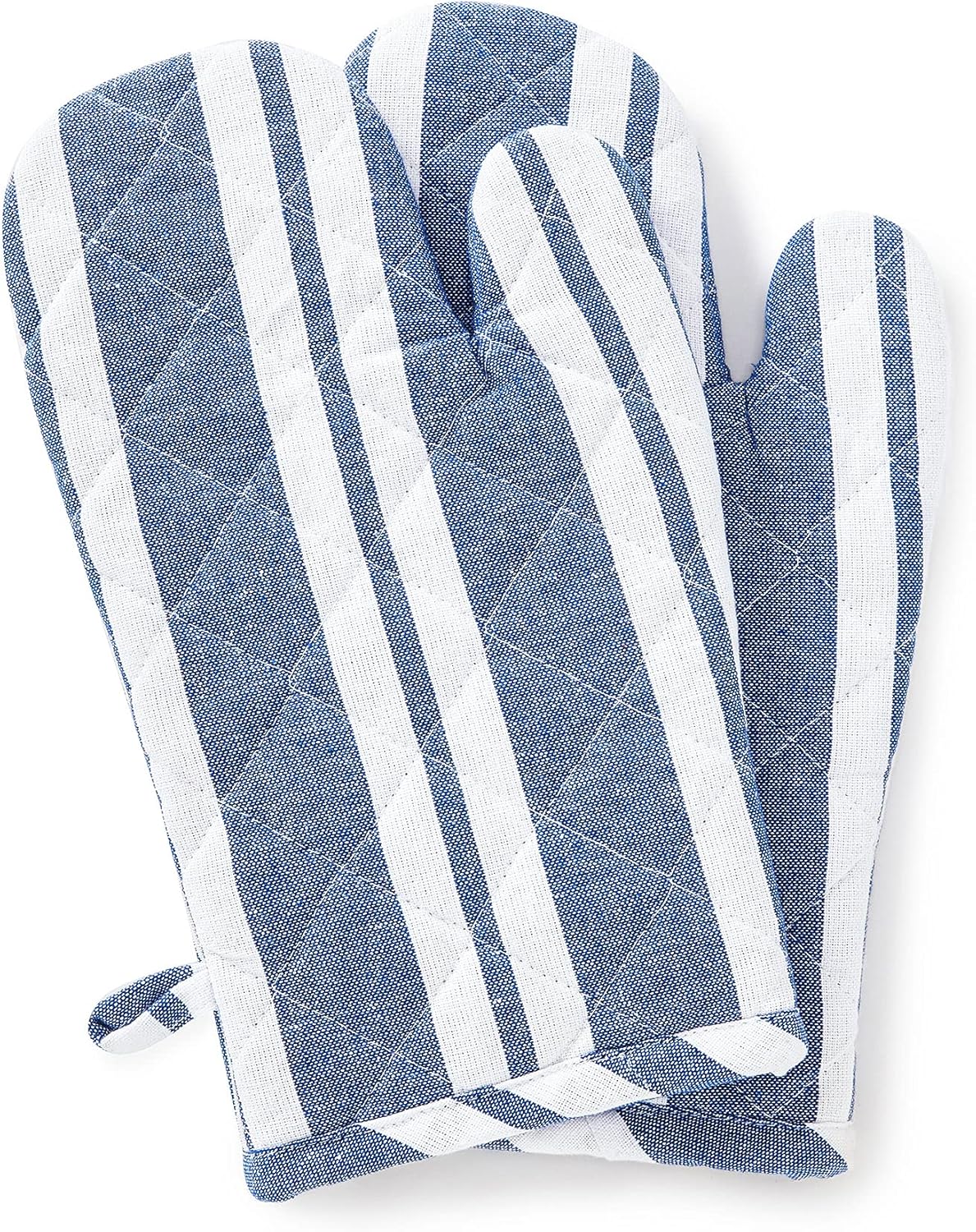 Encasa XO Long 12"x7" Oven Microwave Hand Gloves Mitts (2 pc Set) for Kitchen Cooking & Baking - Heat Resistant, Thick & Safe, Protection of Hands from Hot Utensils - Franca Blue Stripes