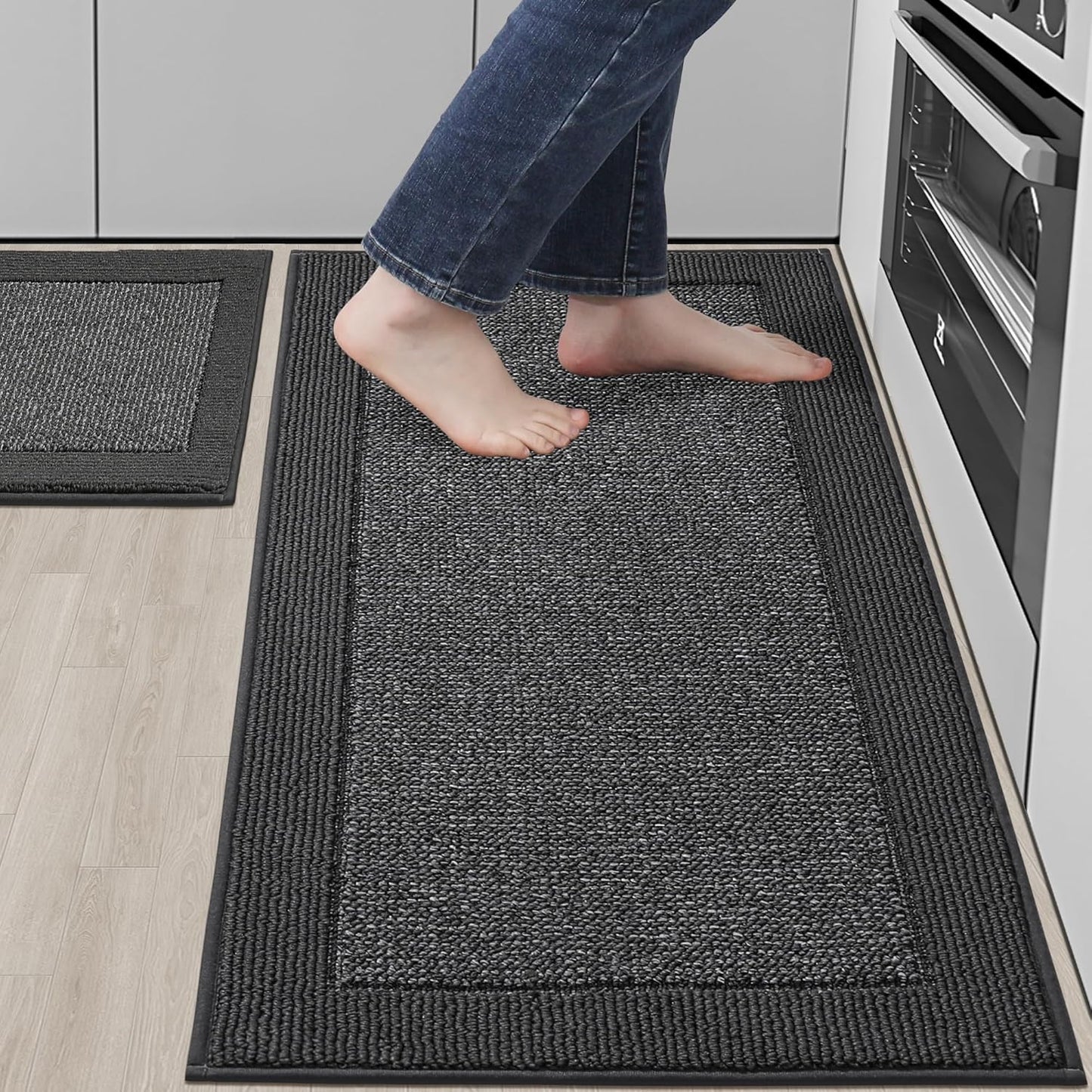 BEQHAUSE Kitchen Rugs and Mats Set of 2 Non-Slip Kitchen Mats for Floor, Absorbent and Stain Resistant Kitchen Runner, Machine Washable Rugs for Kitchen, Laundry & Sink, 20"x32"+20"x48", Charcoal