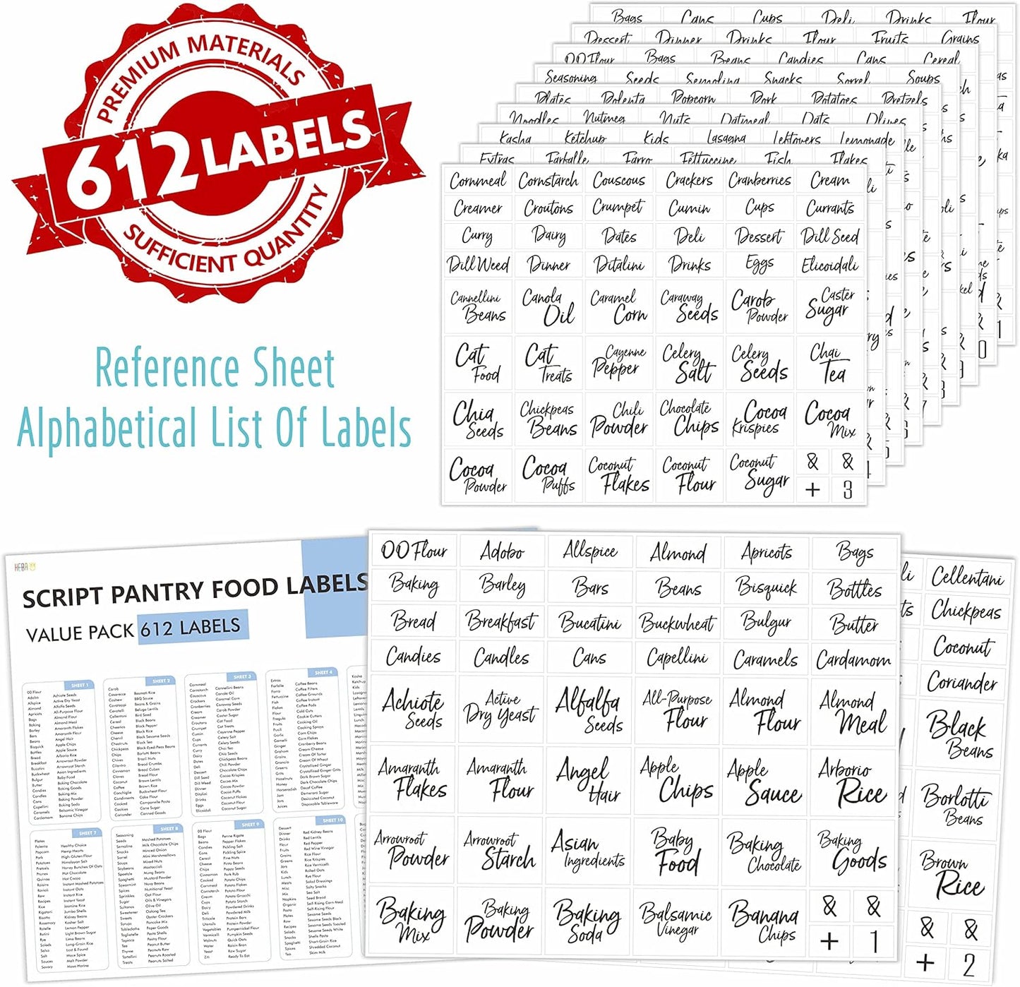 Hebayy 612 Script Pantry Food Labels, Water & Oil Resistant Pantry Label Stickers Food Jar Label for Organization and Storage