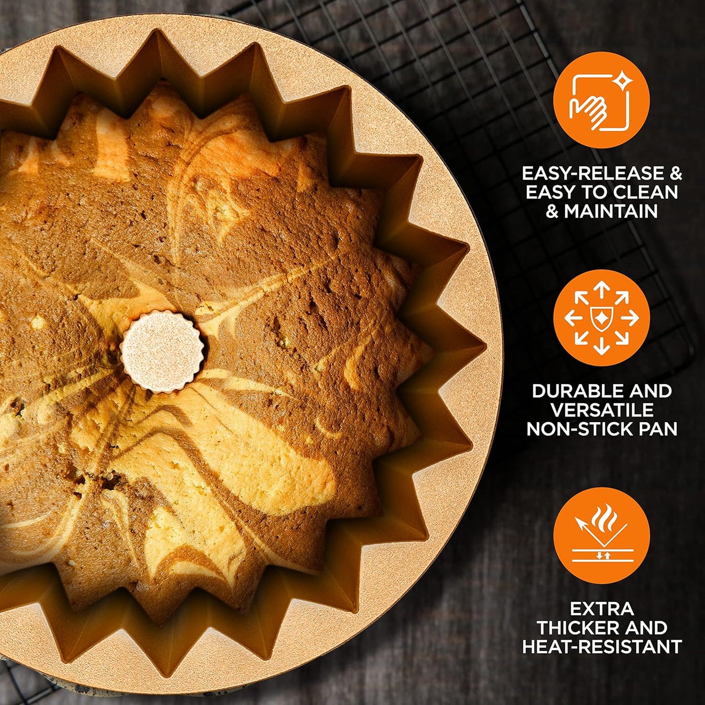 NutriChef 9-Inch Cake Pan - Thick and Heavy Cast Aluminum Bakeware Cake Mold with 2 Layers of Nonstick Coating - Fluted Lines Design for Uniform Baking Up To 500 Degrees - Easy to Clean, Gold