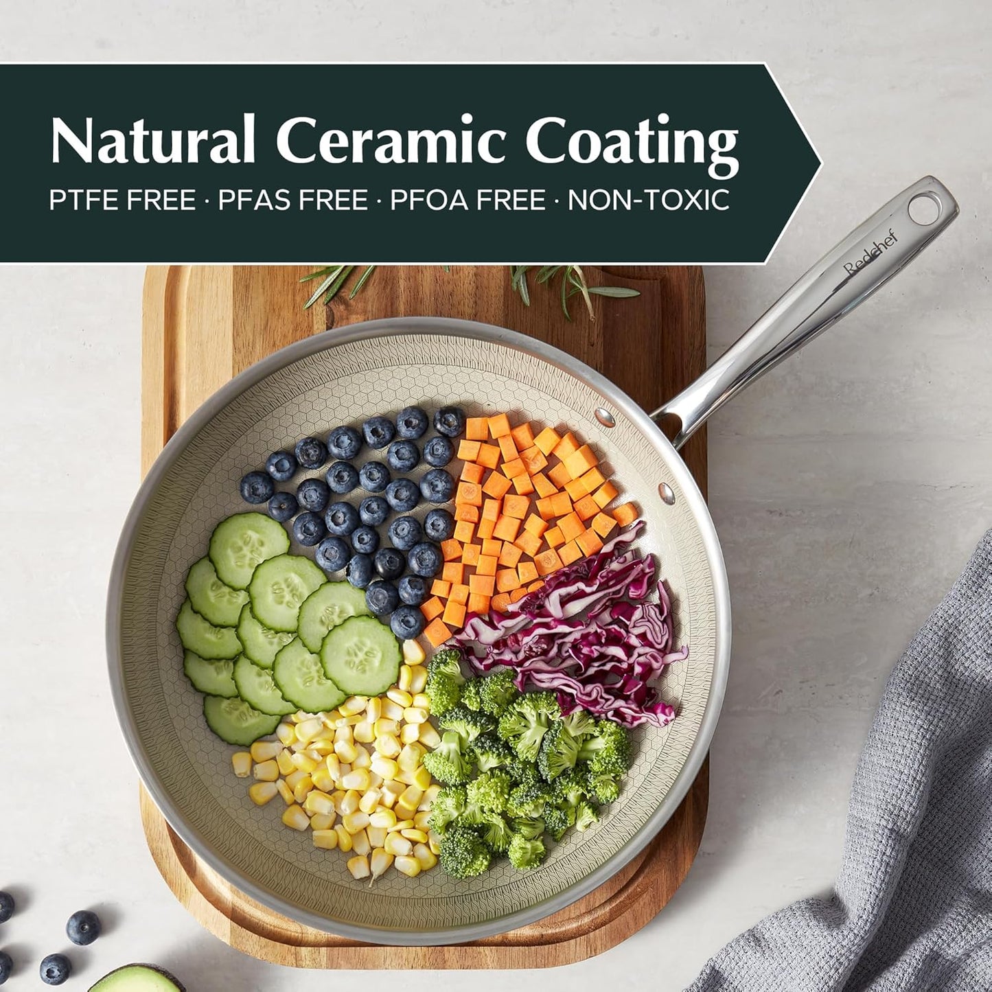 Redchef Hybrid Ceramic Nonstick 11-Inch Frying Pan with Stay-Cool Handle, Dishwasher & Oven Safe, Induction Compatible, Tri-Ply Stainless Steel & Aluminum, All Cooktops