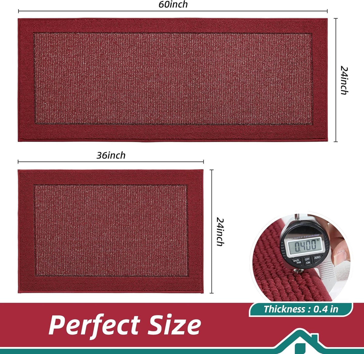 BEQHAUSE Kitchen Rugs and Mats Set of 2 Non-Slip Kitchen Mats for Floor, Absorbent and Stain Resistant Kitchen Runner, Machine Washable Rugs for Kitchen, Laundry & Sink, 24"x36"+24"x60", Red