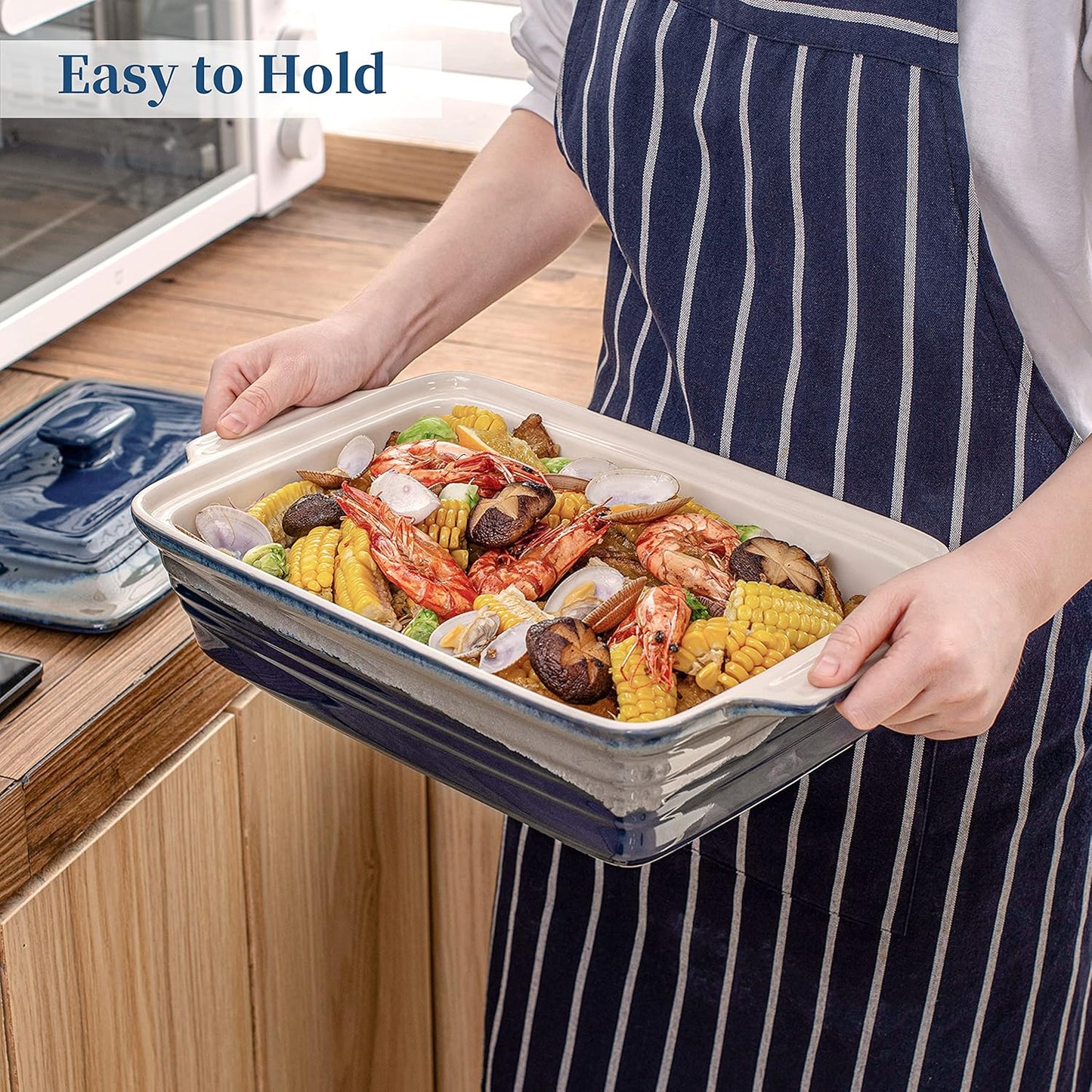 LOVECASA 4.5 Quart Ceramic Casserole Dish with Lid, 9x13 Baking Dish for Oven, Lasagna Pan Deep with Handles, Stoneware Bakeware, Oven & Dishwasher Safe, Blue Gray Gradient