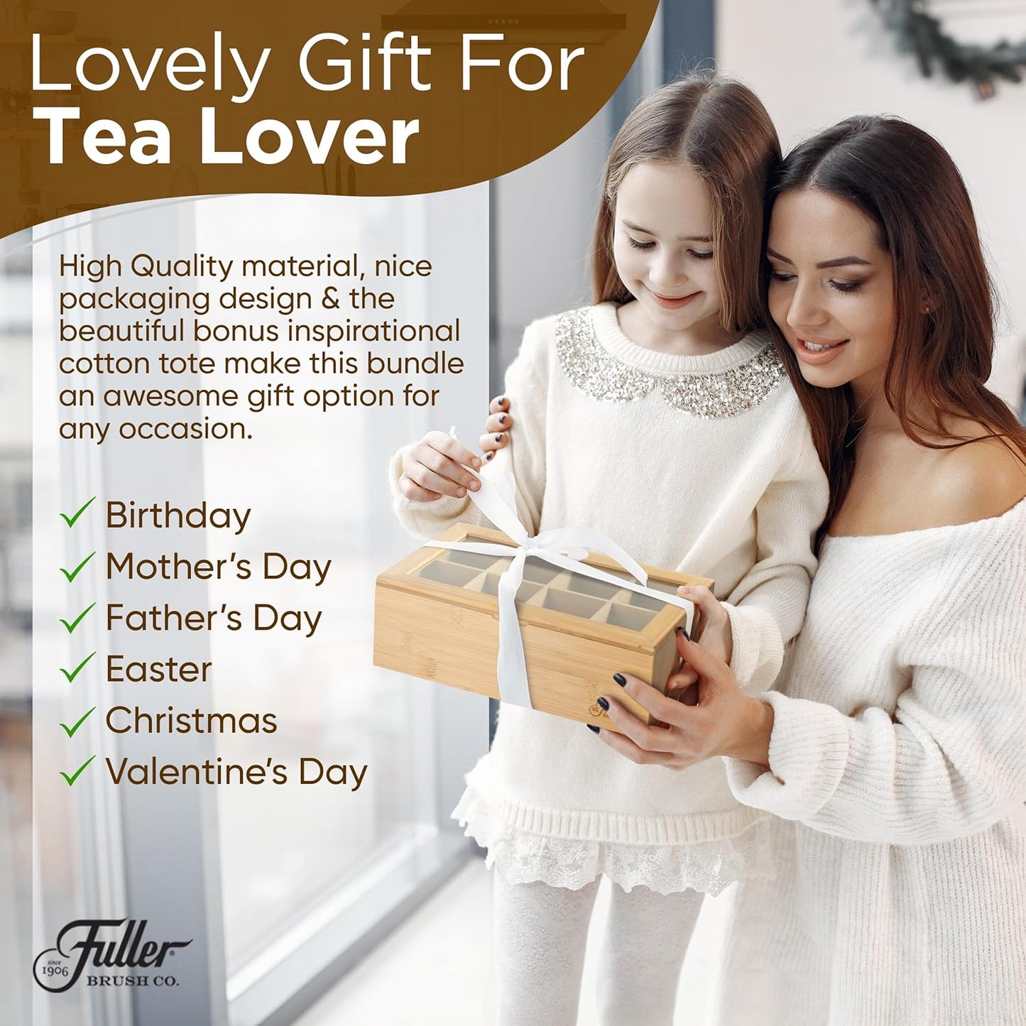 Fuller Bamboo Tea Box Organizer with 8 Compartments – Natural Bamboo Tea Storage Case with Clear Acrylic Lid – Elegant Fuller Tea Caddy for Tea Bags, Coffee Pods, Spices & More – Home & Office