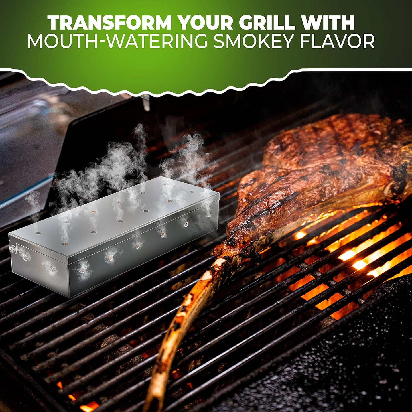 KITCHEN PERFECTION Smoker Box For Gas Grill - Bbq Wood Chip Smoker Box Pre-Filled with Apple Wood Chips -Adds Delicious Smokey Flavor on Propane & Pellet Grill