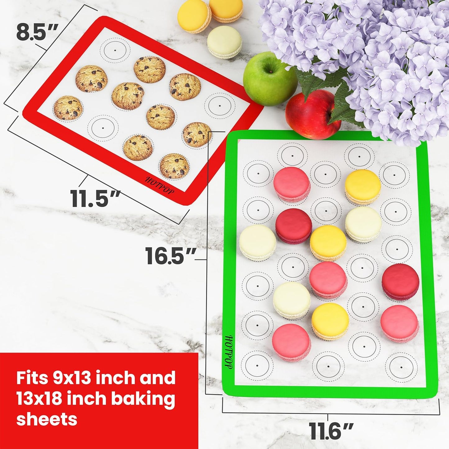 HOTPOP | Reusable Macaron Cookie Sheet, Non Stick Baking Mats, 0.75mm (2 Half Sheets , 2 Quarter Sheets), Set of 4