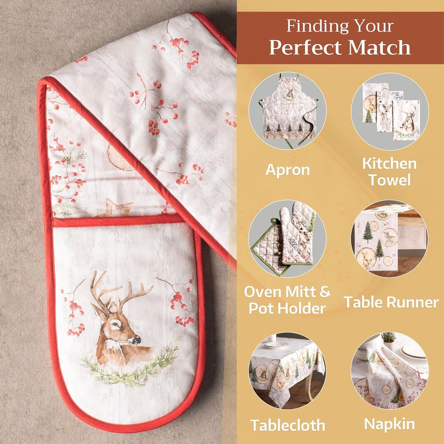 Maison d' Hermine Double Oven Mitt 100% Cotton Heat Resistant Cooking Gloves with Loop, Baking Barbeque, Handling Hot Pan, Mountain Life- Thanksgiving/Christmas (7 Inch x 35 Inch)