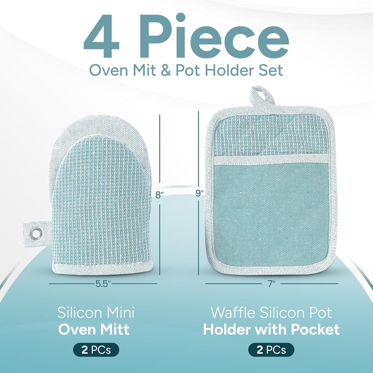 Casa Platino Silicone Oven Mitts & Pot Holders, 4-Piece – Oven Mitt for Baking & BBQ, Pot Holders for Kitchen, Hot Dishes & Microwave – Heat Resistant Up to 500°F, Non-Slip & Machine Washable – Aqua