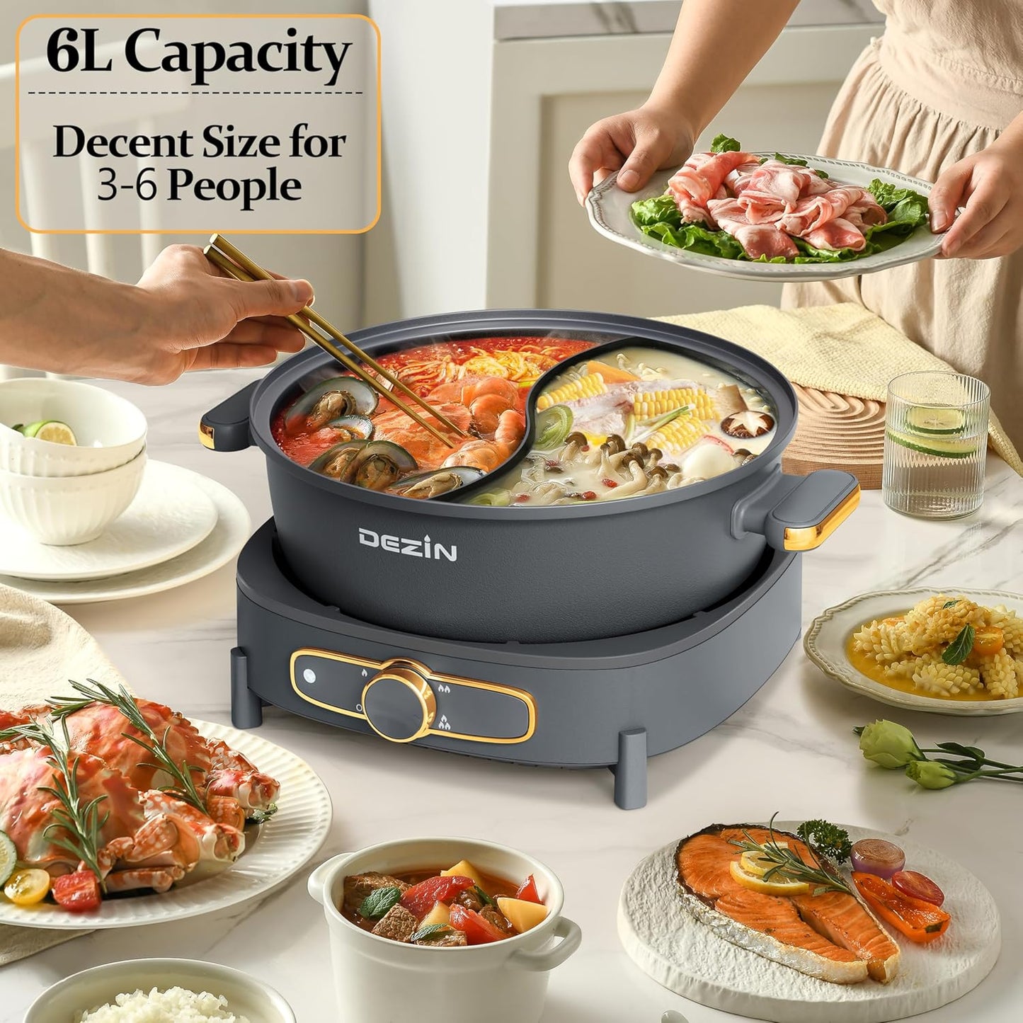 Dezin Hot Pot Electric with Divider, 6L Double-Flavor Shabu Shabu Pot, Dual Sided Removable Non-Stick Hotpot Pot Electric, 3" Depth Chinese Hot Pot with Multi-Power Control, 2 Silicone Ladles Included