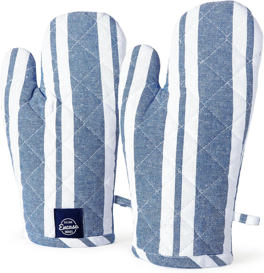 Encasa XO Long 12"x7" Oven Microwave Hand Gloves Mitts (2 pc Set) for Kitchen Cooking & Baking - Heat Resistant, Thick & Safe, Protection of Hands from Hot Utensils - Franca Blue Stripes