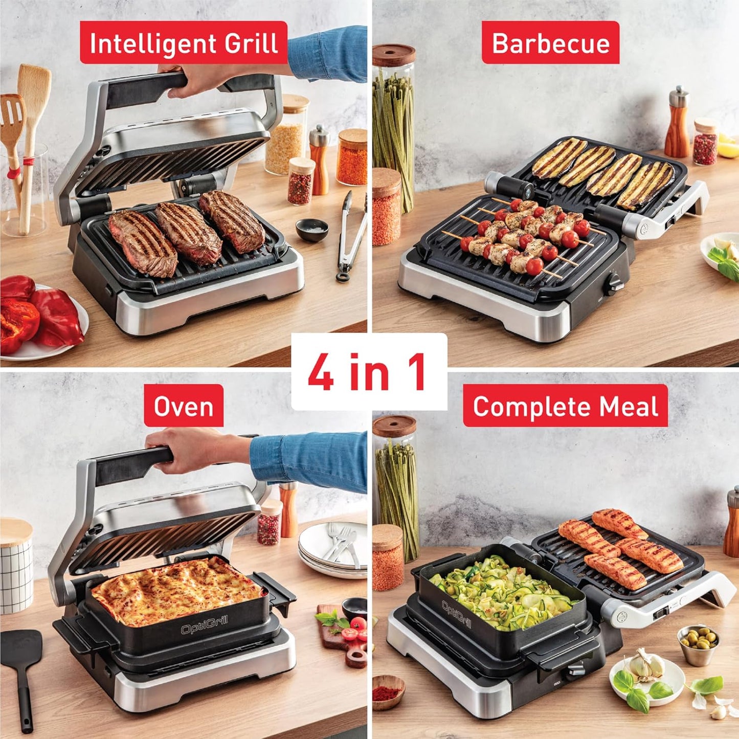 T-fal, Electric Grill, OptiGrill 4in1, Stainless Steel, 9 Automatic Cooking Modes, Intelligent Grilling Rare to Well-Done, 1800 Watts, Nonstick Removable Plates, Dishwasher Safe, Indoor, Silver