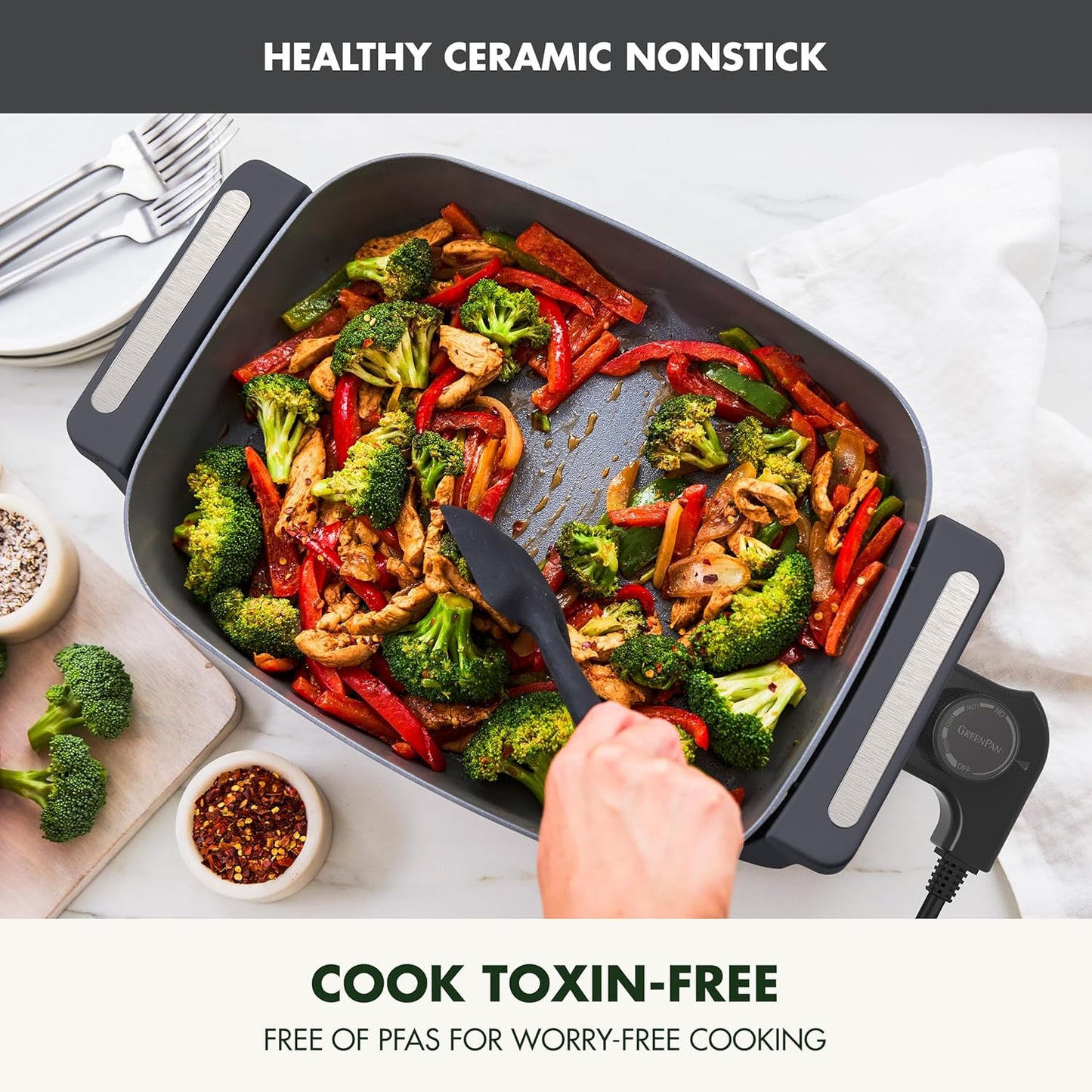 GreenPan Advanced 12” X 15” Electric Skillet with Lid, 7QT Capacity for Family Meals, Healthy Ceramic Nonstick PFAS-Free Coating, Fry, Sauté, Steam, Simmer, Sear, Stir Fry, Dishwasher Safe, Graphite