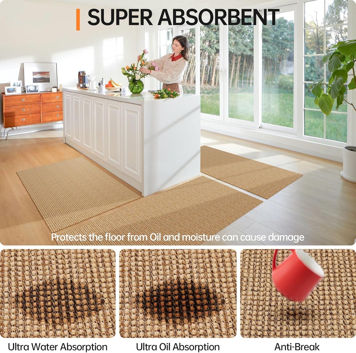 Kitchen Rugs and Mats Non Skid Washable [2PCS] (17.3" x 30"+ 17.3" x 72"), Absorbent Kitchen Floor Mats, Boho Cotton Kitchen Runner Rugs Comfort Standing Mat for Sink Hallway Laundry