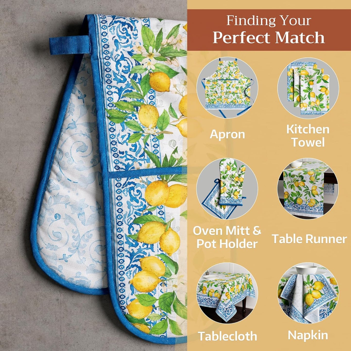 Maison d' Hermine Double Oven Mitts 100% Cotton 7"x35" Double Oven Mitt Heat Resistant BBQ Cooking Gloves with Loop, Baking, Grilling, Home, Kitchen, Handling Hot Pans Spring Summer (Cedrat)