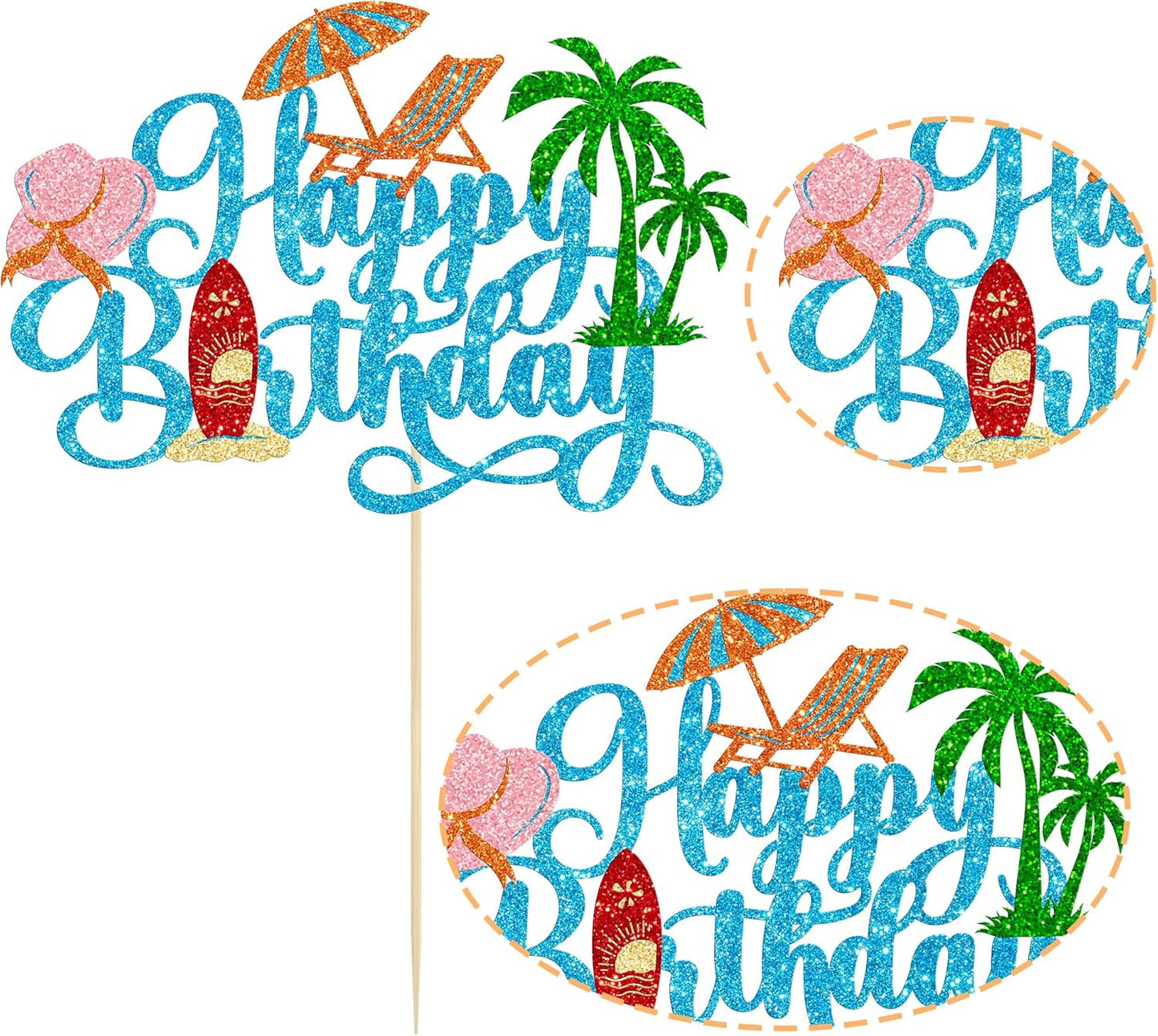 Gyufise 1Pcs Summer Beach Happy Birthday Cake Topper Glitter Ball Tree Umbrella Pool Cake Pick for Hawaiian Holiday Baby Shower Birthday Party Cake Decorations Supplies Blue