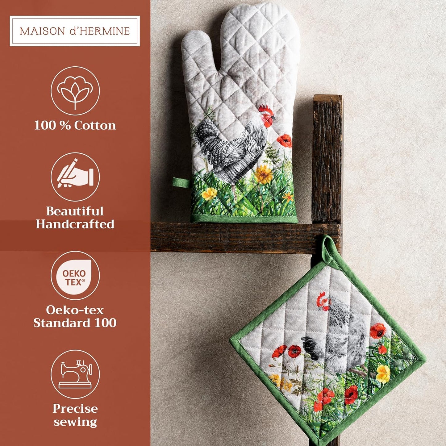 Maison d' Hermine 100% Cotton Oven Mitt & Pot Holder Set (7.5"x13" & 8"x8") Heat Resistant BBQ Cooking Gloves with Loop, Baking, Grilling, Kitchen, Handling Hot Pans Spring/Summer (Basse Cour)