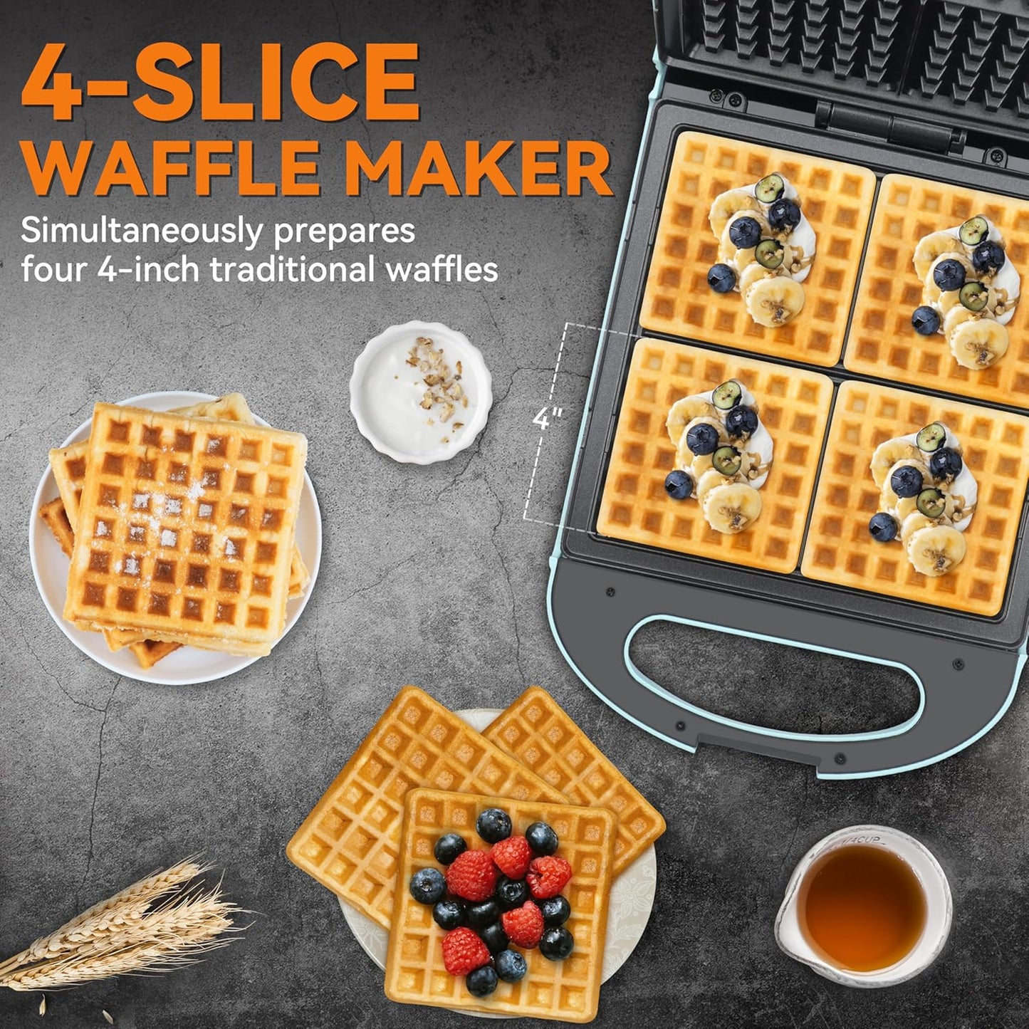 Baker’s Friend Belgian Waffle Maker, Square Waffle Iron, Waflera Electrica, Non Stick Cooking Plate, Classic & Multi Waffle Makers, 4-Slice, Aqua