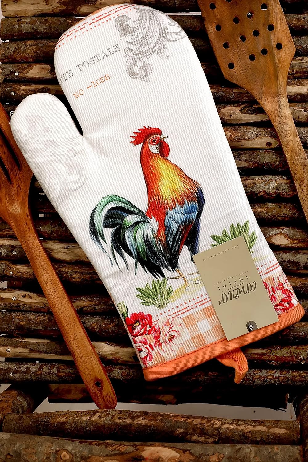 AMOUR INFINI Oven Mitts and Pot Holders Sets Heat Resistant, Non-Slip 1 Oven Mitt and 1 Pot Holder BBQ Party Baking Kitchen Set (Farm Rooster Design)