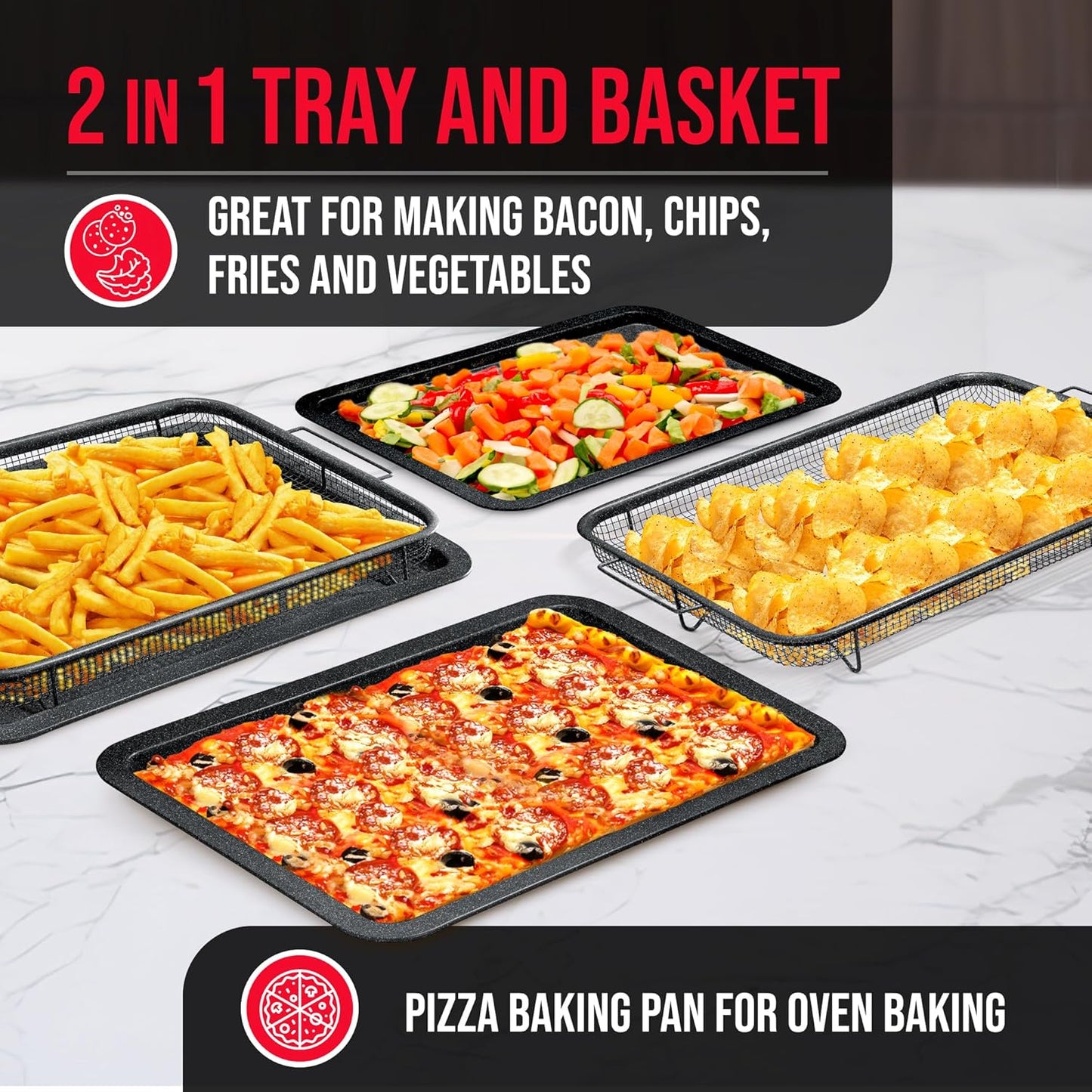 Crisper Tray Gray marble Coating - 2-Piece Set, Non-Stick Basket Design for Healthier Cooking in Regular Ovens - Make Great Crispy Food, Bacon and More, Extra Large Size 19" x 13"