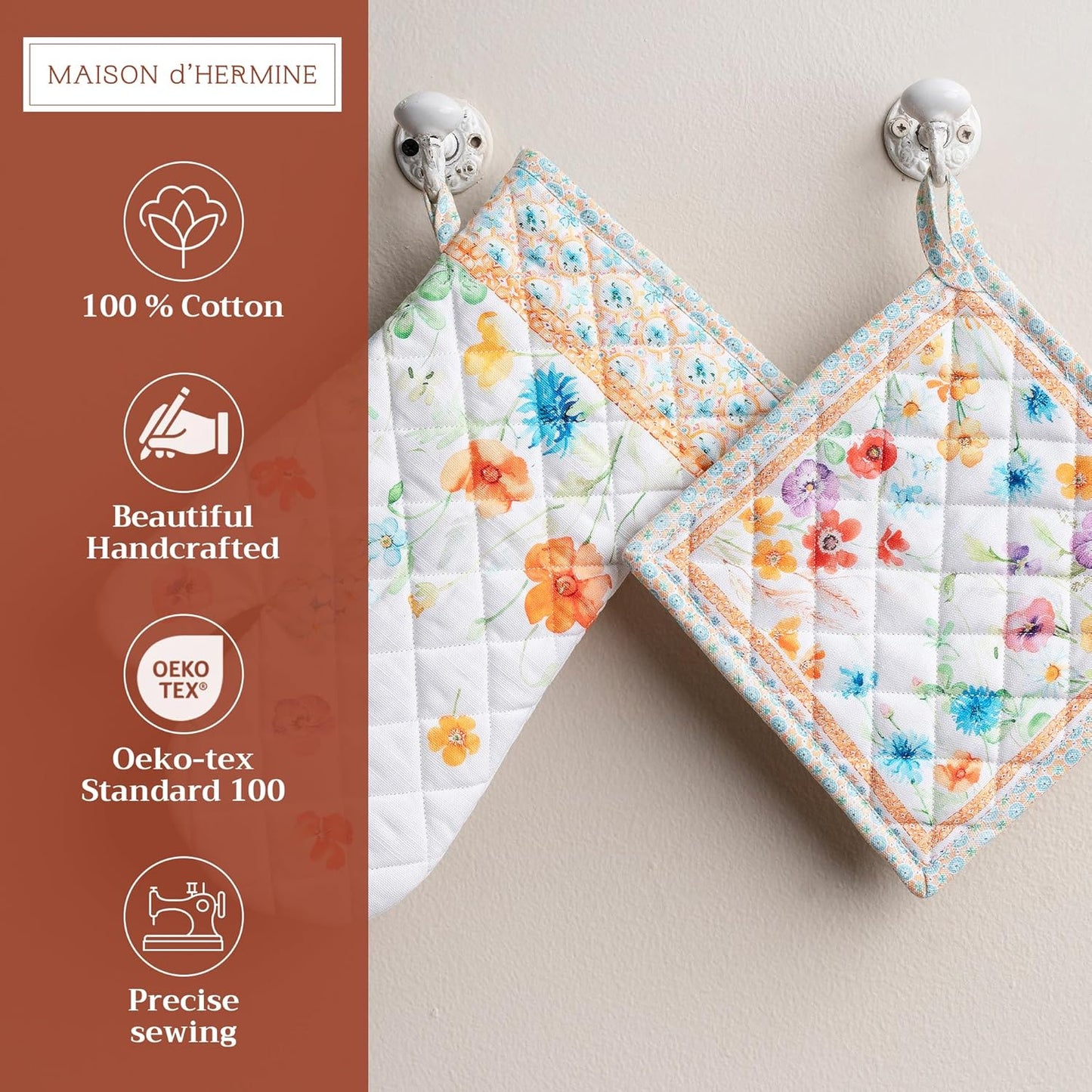 Maison d' Hermine 100% Cotton Oven Mitt & Pot Holder Set (7.5"x13" & 8"x8") Heat Resistant BBQ Cooking Gloves with Loop, Baking, Grilling, Kitchen, Handling Hot Pans Spring/Summer (Summer Whisper)