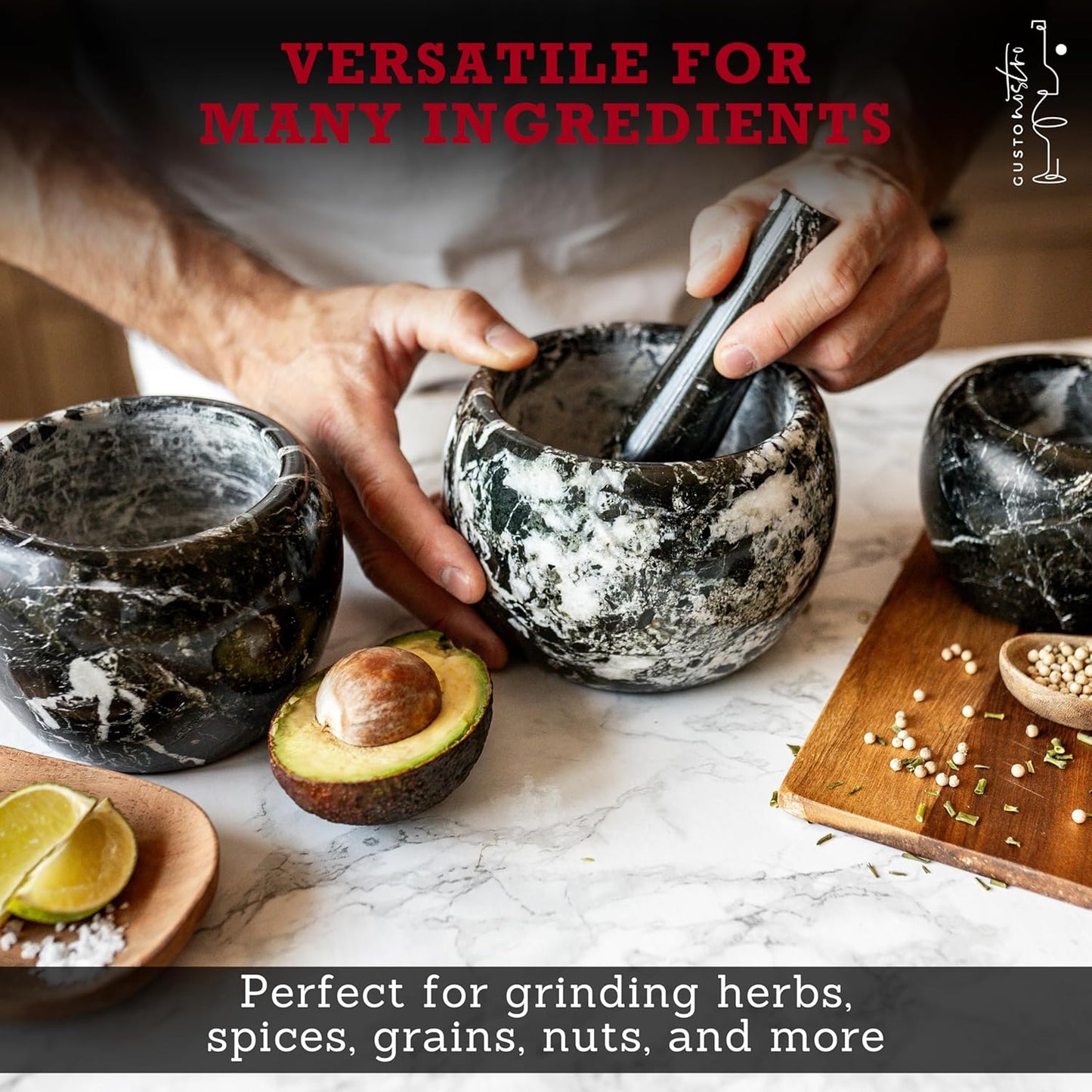 Gusto Nostro Natural Marble Mortar and Pestle Set | 5 Inch - 2.5 Cup Large Mortar Pestle Set for Grinding Herbs, Nuts, Grains | Pesto Grinding and Guacamole Stone Bowl | Marble Spice Crusher