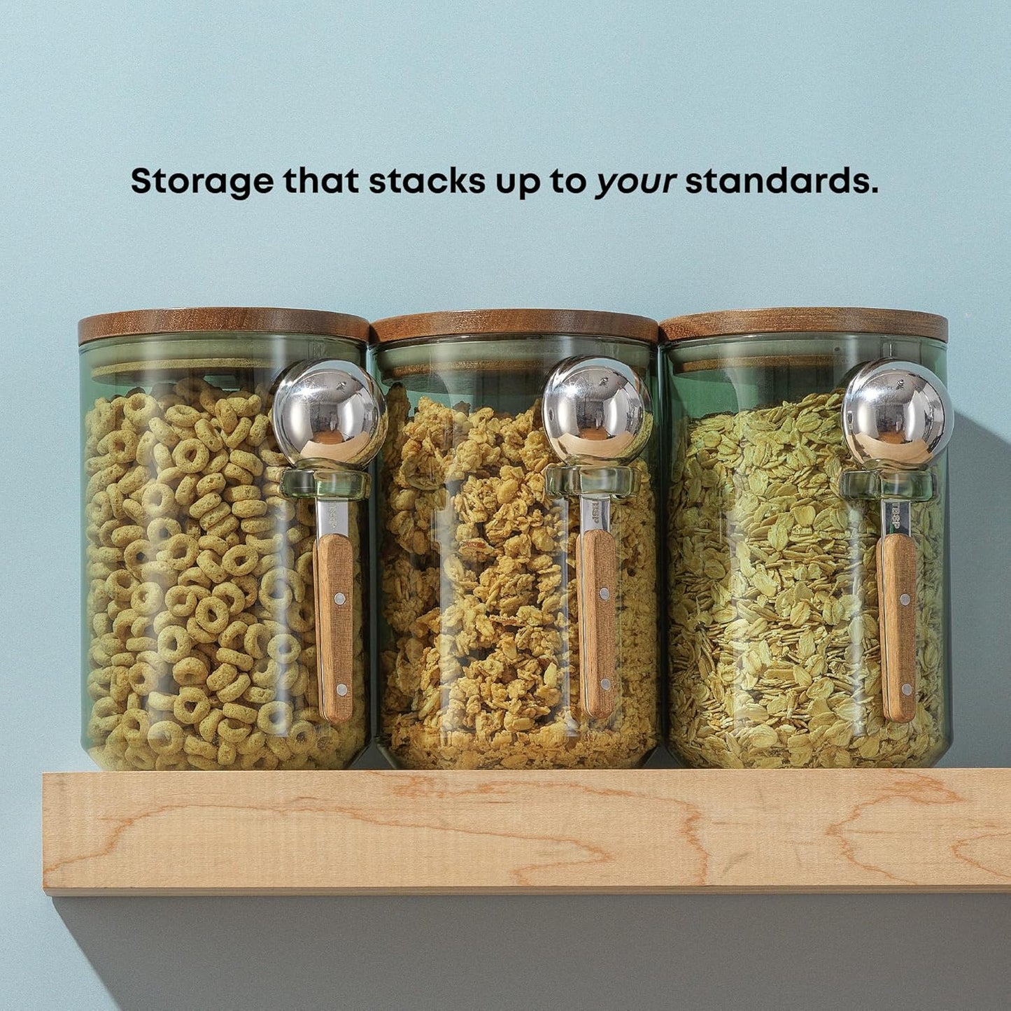 JoyJolt Holden 32oz Stackable Glass Storage Containers with Lids and Scoops, Airtight Food Canister Set of 3 w/Acacia Wood Lids, Round Stacking Pantry and Kitchen Containers w/Scoop | Sage Green
