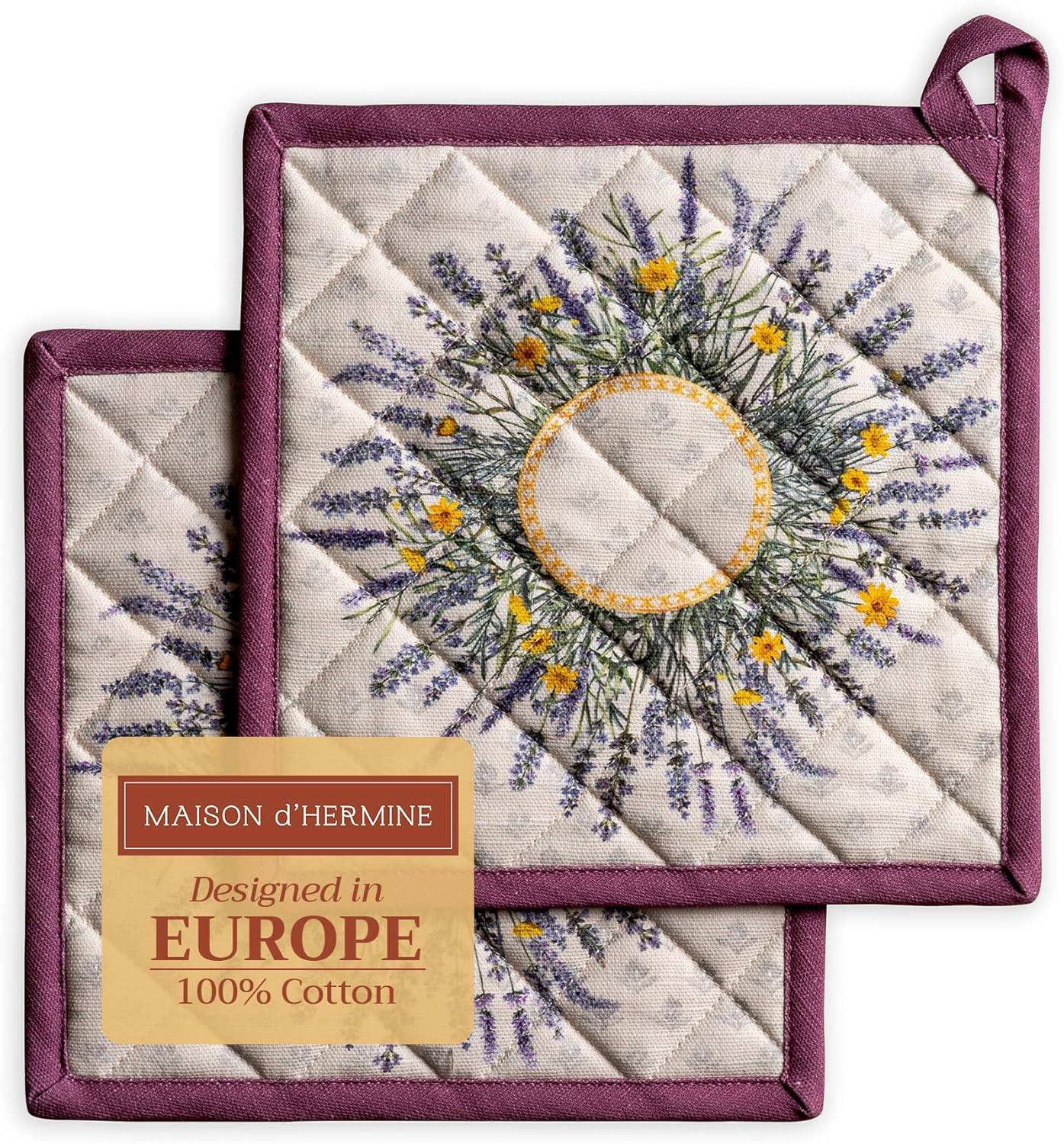 Maison d' Hermine Pot Holders Set 100% Cotton Heat Resistant Potholders 8" x 8" Hot Pads with Loop BBQ, Cooking, Baking, Grilling, Kitchen, Handling Hot Pans Spring/Summer (Pack of 2, Fanny Lavender)