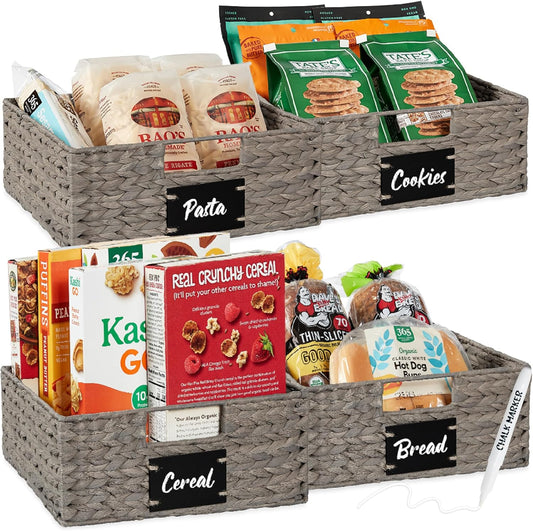 Best Choice Products Set of 4 13x12in Water Hyacinth Pantry Baskets, Woven Organizers w/Chalkboard Label, Chalk Marker - Gray
