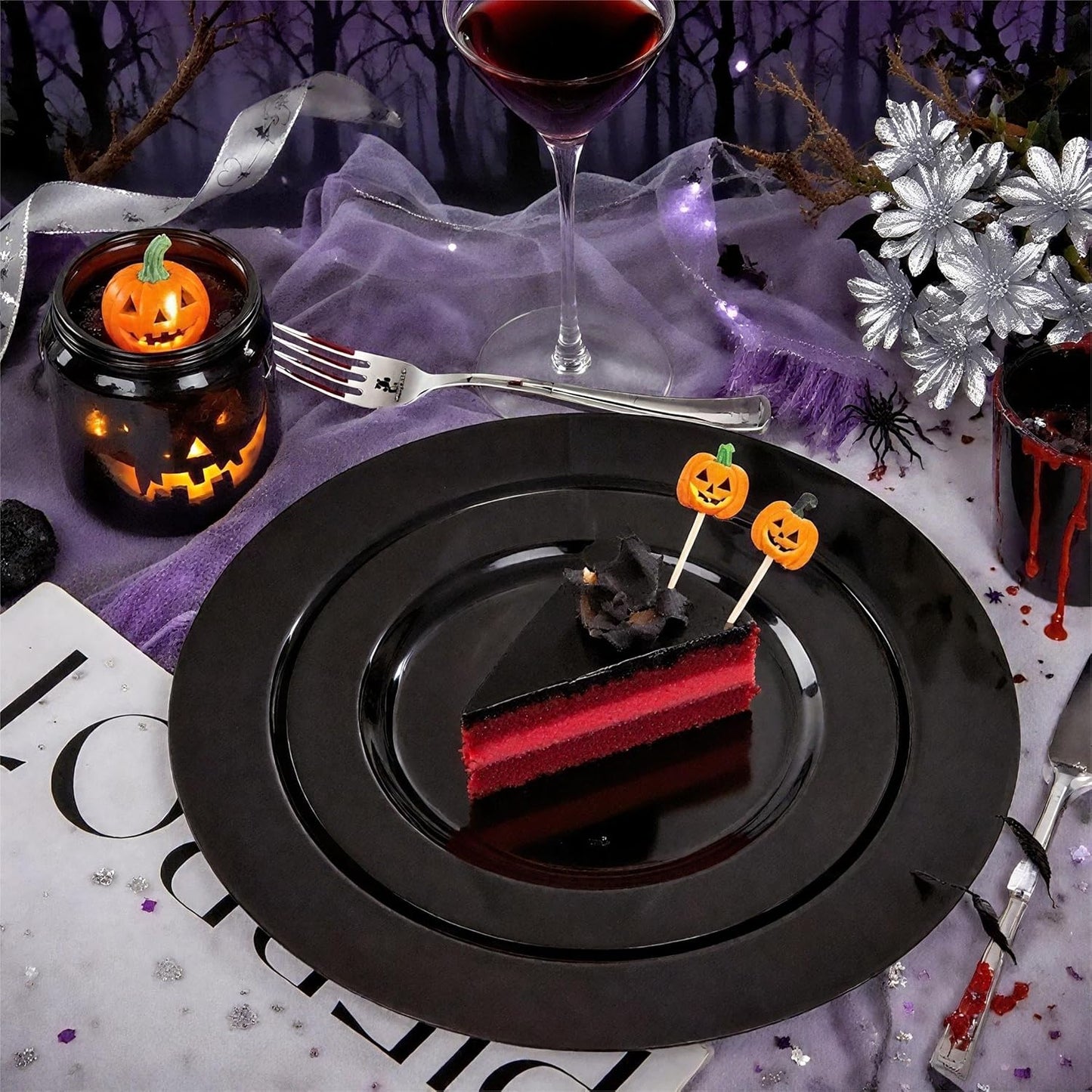 FLOWERCAT 60PCS Black Plastic Plates - Heavy Duty Black Disposable Plates for 30 guests Halloween Party/Wedding/New Year - Include 30PCS 10.25inch Dinner Plates and 30PCS 7.5inch Dessert Plates