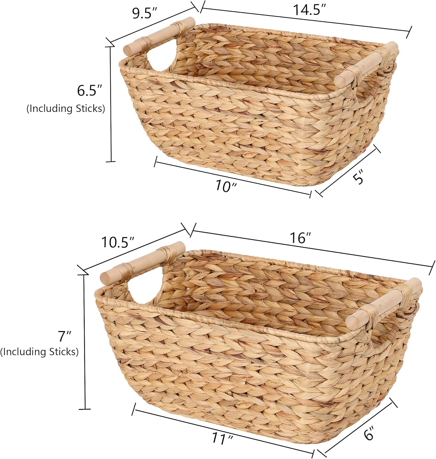 Large Wicker Storage Baskets with Wooden Handles, Woven Water Hyacinth Storage Organizers for Throw Blankets, Bedroom, Living Room, Laundry，2-Pack