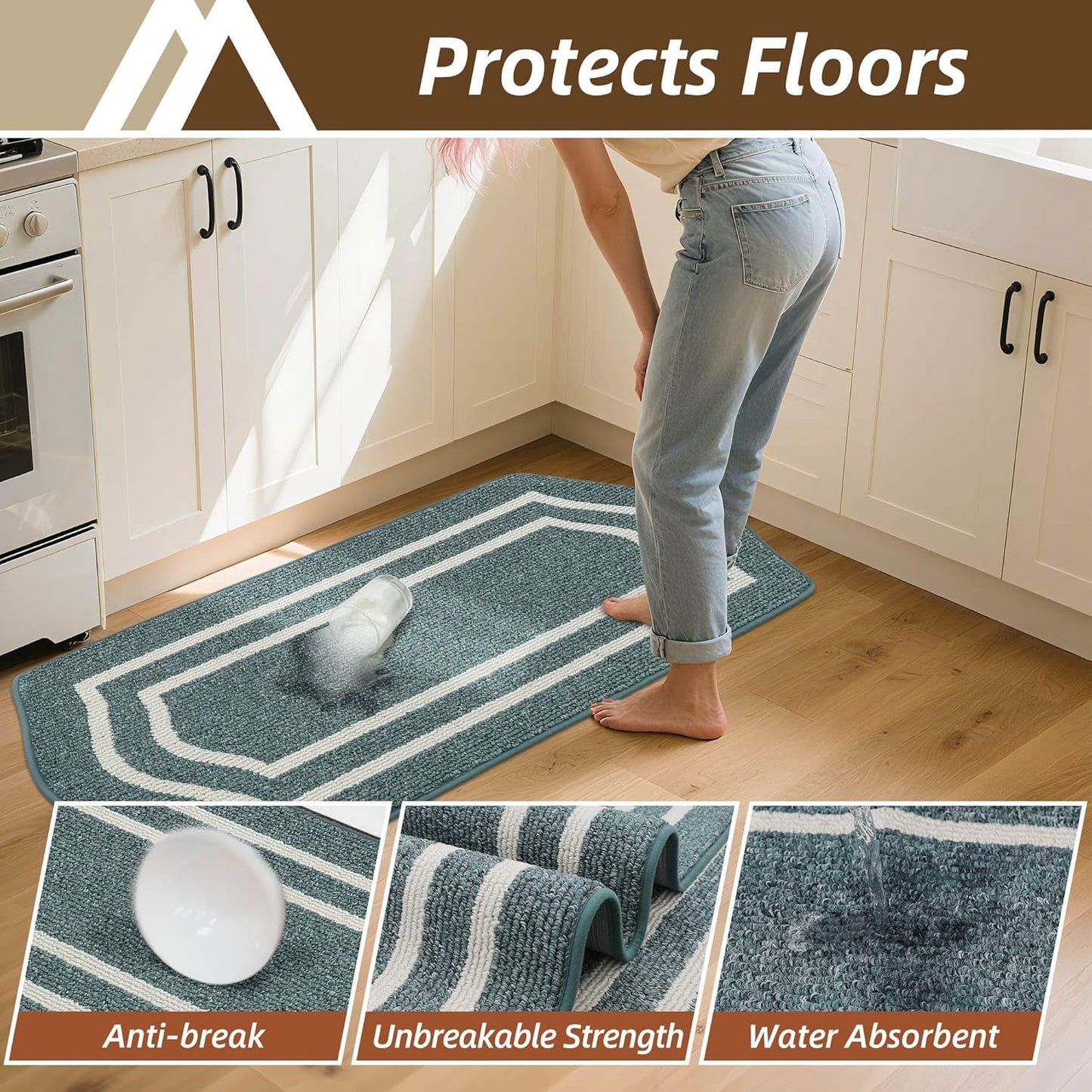 COSY HOMEER Kitchen Rugs and Mats Sets of 2PCS Non Slip Kitchen Mats for Floor Washable Kitchen Runner Stain Resistant Standing Mat for Kitchen,Sink,24"x48"+24"x59",Lake Blue