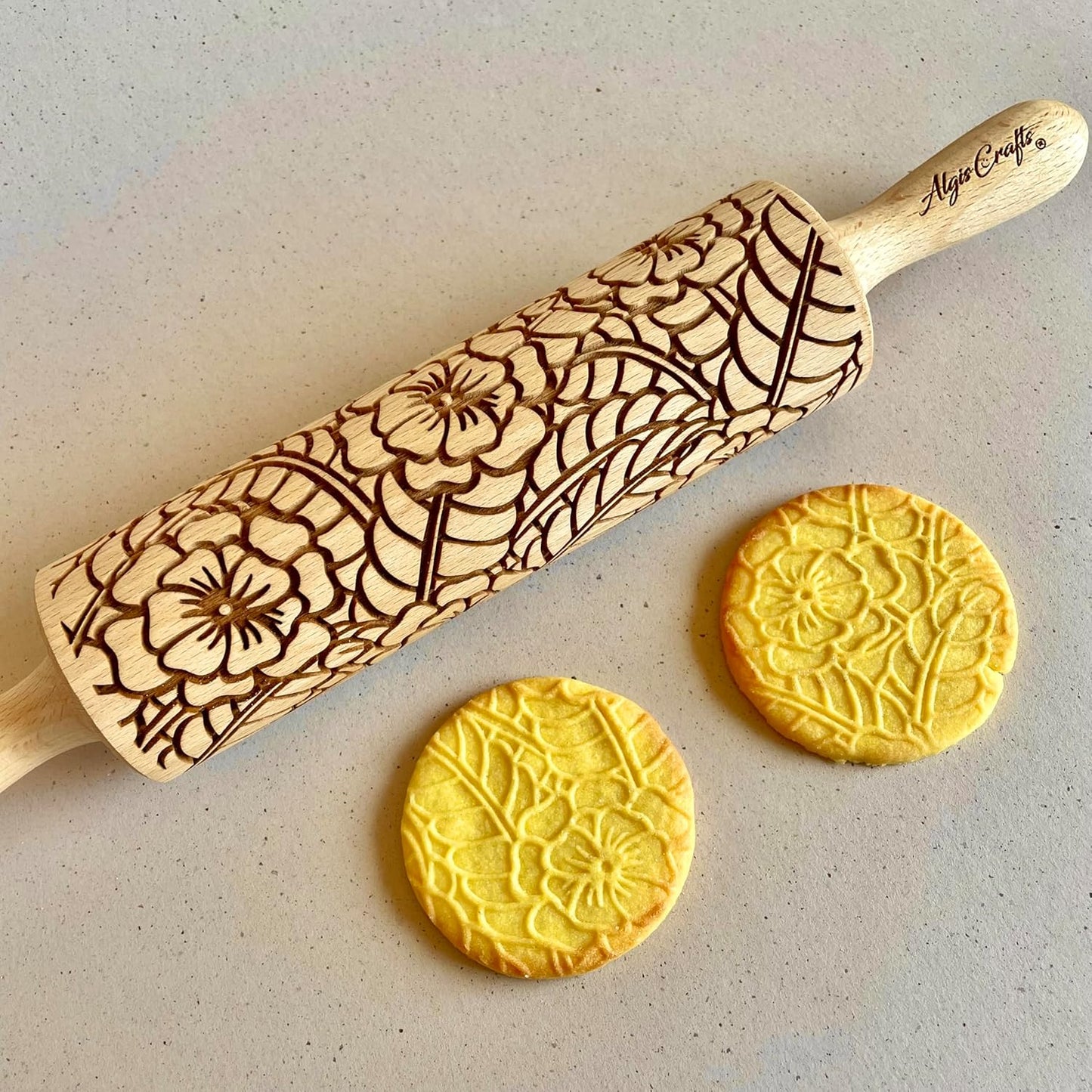 DOILY Embossing Rolling Pin with Flowers Pattern. Dough and Clay Roller for Embossed Cookies and Pottery. Cookie and Ceramic Stamp. Backing Gifts for Women by Algis Crafts