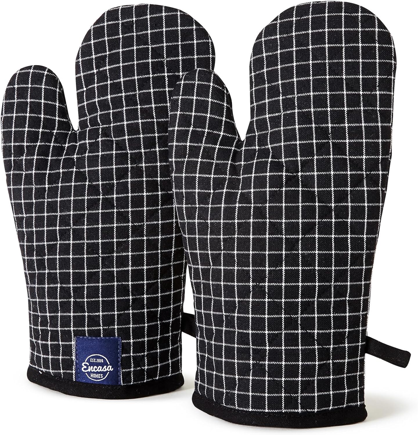 Encasa XO Long 12"x7" Oven Microwave Hand Gloves Mitts (2 pc Set) for Kitchen Cooking & Baking - Heat Resistant, Thick & Safe, Protection of Hands from Hot Utensils - Butcher Checks Black