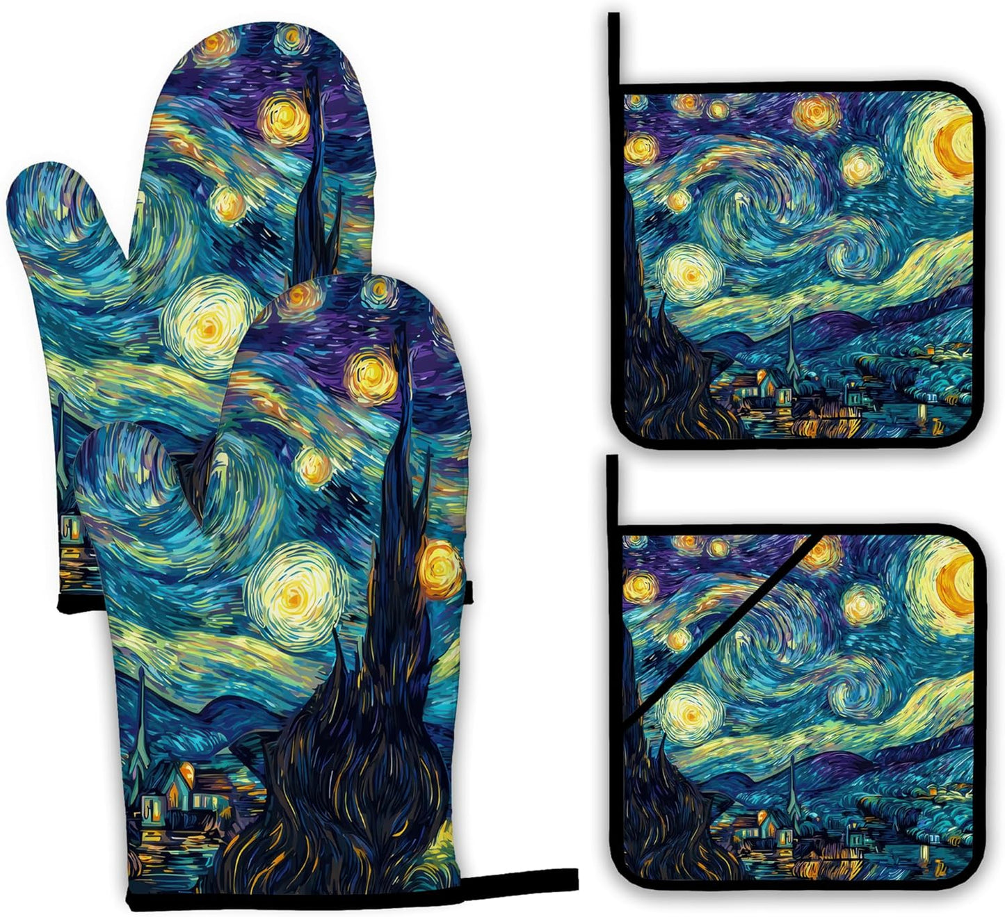 Starry Night Moon Oven Mitts and Pot Holders Set,Village Kitchen Oven Gloves and Pot Holder with Heat Resistant Non Slip for Cooking Baking Grilling(4 Piece Set)