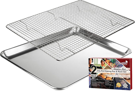 KITCHENATICS Aluminum Jelly Roll Pan 15x10 and Stainless Steel Rack Set, Baking Pan with Rack for Oven Cooking, Baking Sheet with Cooling Rack - Heavy Duty Sheet Pan and Bacon Rack
