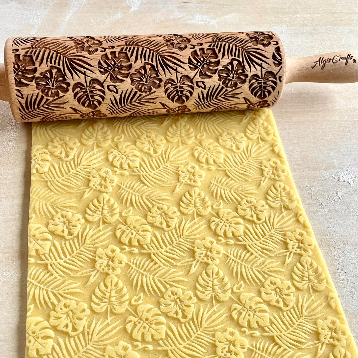 Embossing Rolling Pin RAINFOREST with Tropical Pattern. Dough roller for embossed cookies and Pottery by Algis Crafts