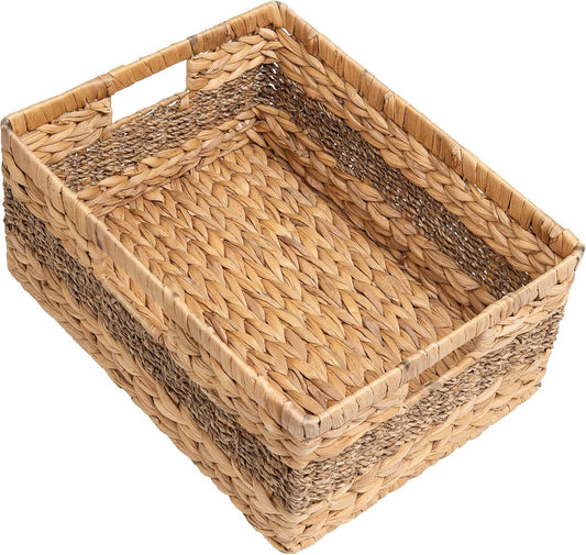 StorageWorks Jumbo Rectangular Wicker Basket, Water Hyacinth and Seagrass Storage Basket with Built-in Handles, 1 Pack