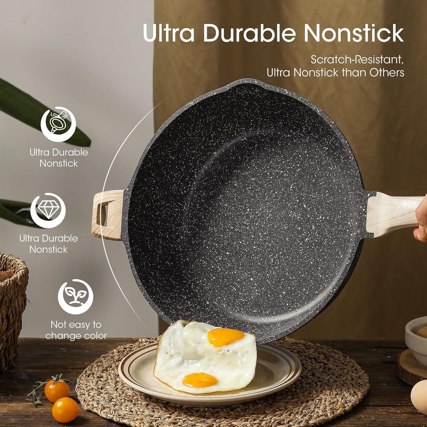 CAROTE 12.5 Inch Nonstick Deep Frying Pan with Lid, 6.5 Qt Jumbo Cooker Saute Pan with Pour Spout, Skillet Induction Cookware, Non Stick Cooking Pan PFOA Free, Classic Granite