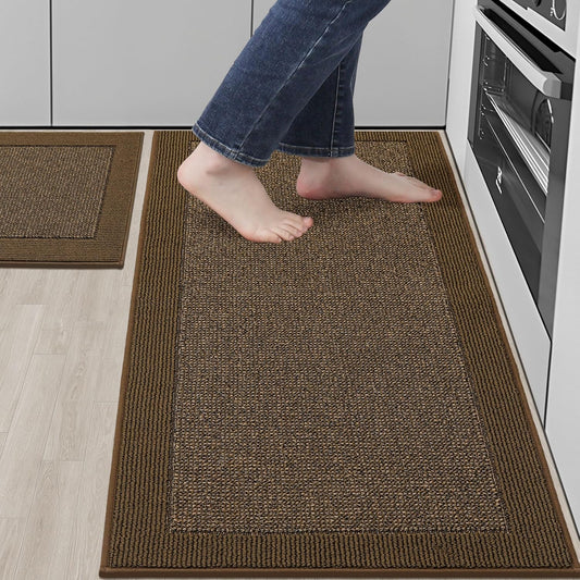 BEQHAUSE Kitchen Rugs and Mats Set of 2 Non-Slip Kitchen Mats for Floor, Absorbent and Stain Resistant Kitchen Runner, Machine Washable Rugs for Kitchen, Laundry & Sink, 20"x32"+20"x48", Brown