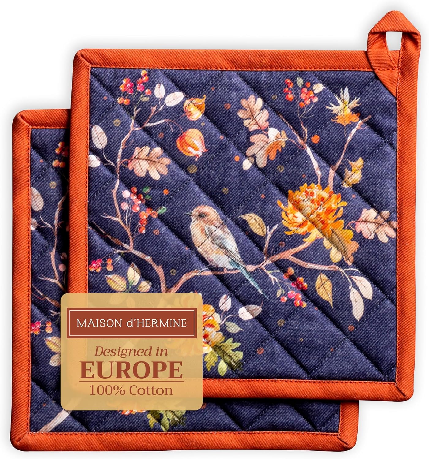 Maison d' Hermine Pot Holders Set 100% Cotton Heat Resistant Potholders 8" x 8" Hot Pads with Loop BBQ, Cooking, Baking, Grilling, Kitchen, Handling Hot Pans (Pack of 2, Kelim - Infinity)