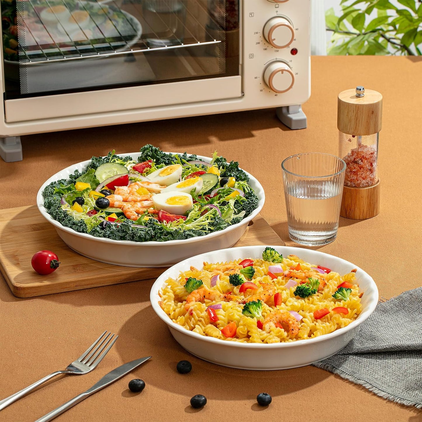 Brew To A Tea - Classic White Ceramic Pie Dish Set, 2 Pcs, 10.5" & 9.5", Pie Pans for Baking, Deep Dish Pie Plate