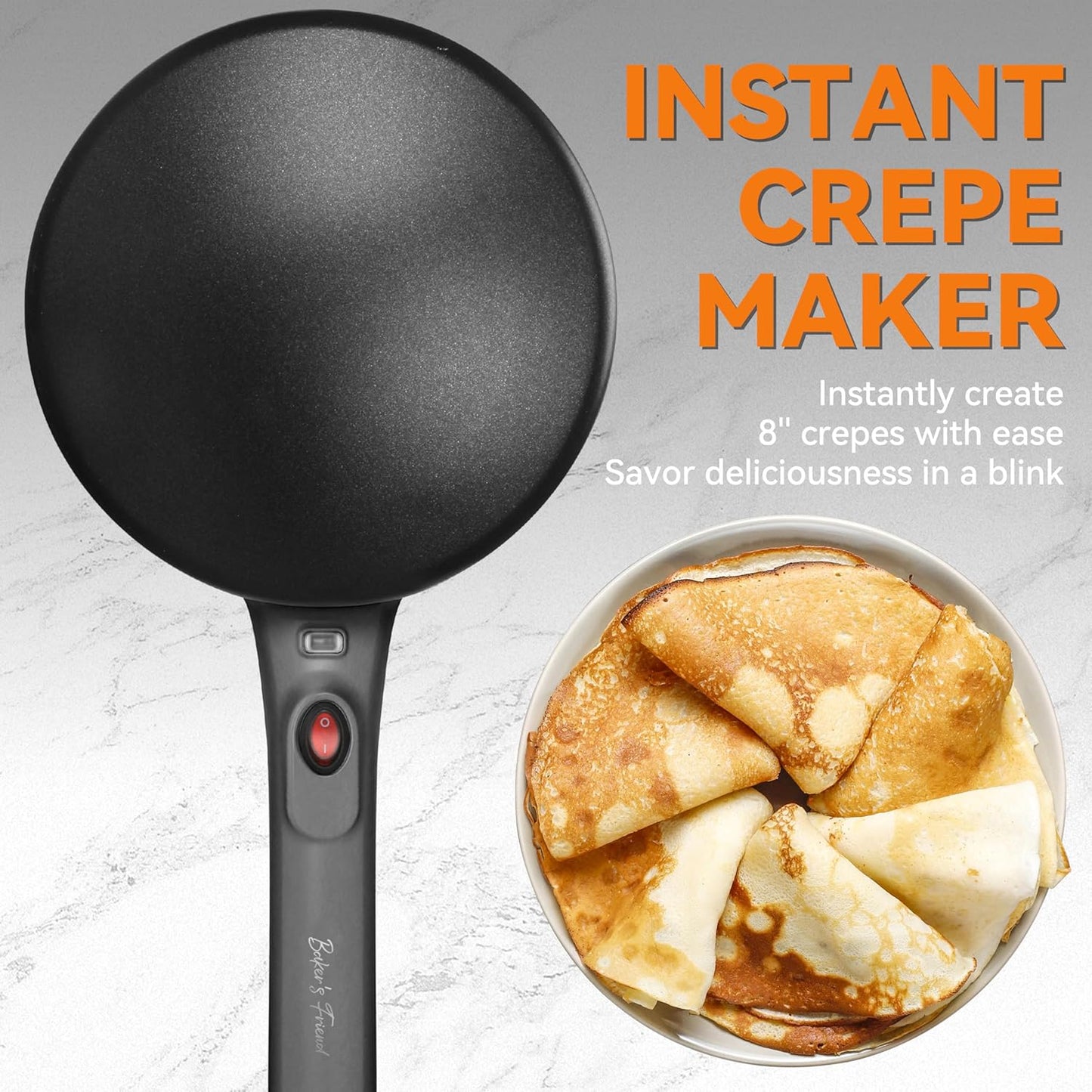 Baker's Friend Crepe Maker Machine with Auto Power Off, Portable Crepe Maker with Non Stick Dipping Plate, Automatic Temperature Control, Graphite