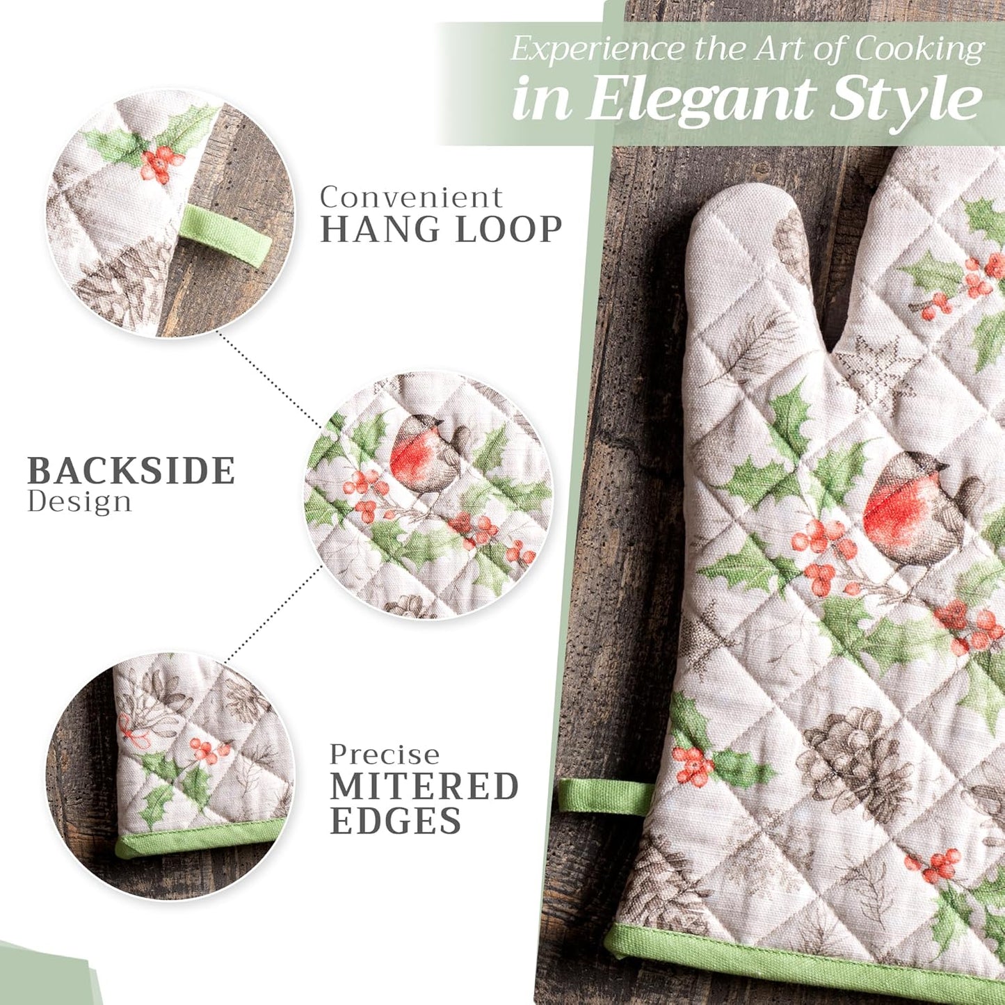 Maison d' Hermine 100% Cotton Oven Mitt & Pot Holder Set (7.5"x13" & 8"x8") Heat Resistant BBQ Cooking Gloves with Loop, Baking, Grilling, Kitchen, Handling Hot Pans (Christmas Dew)