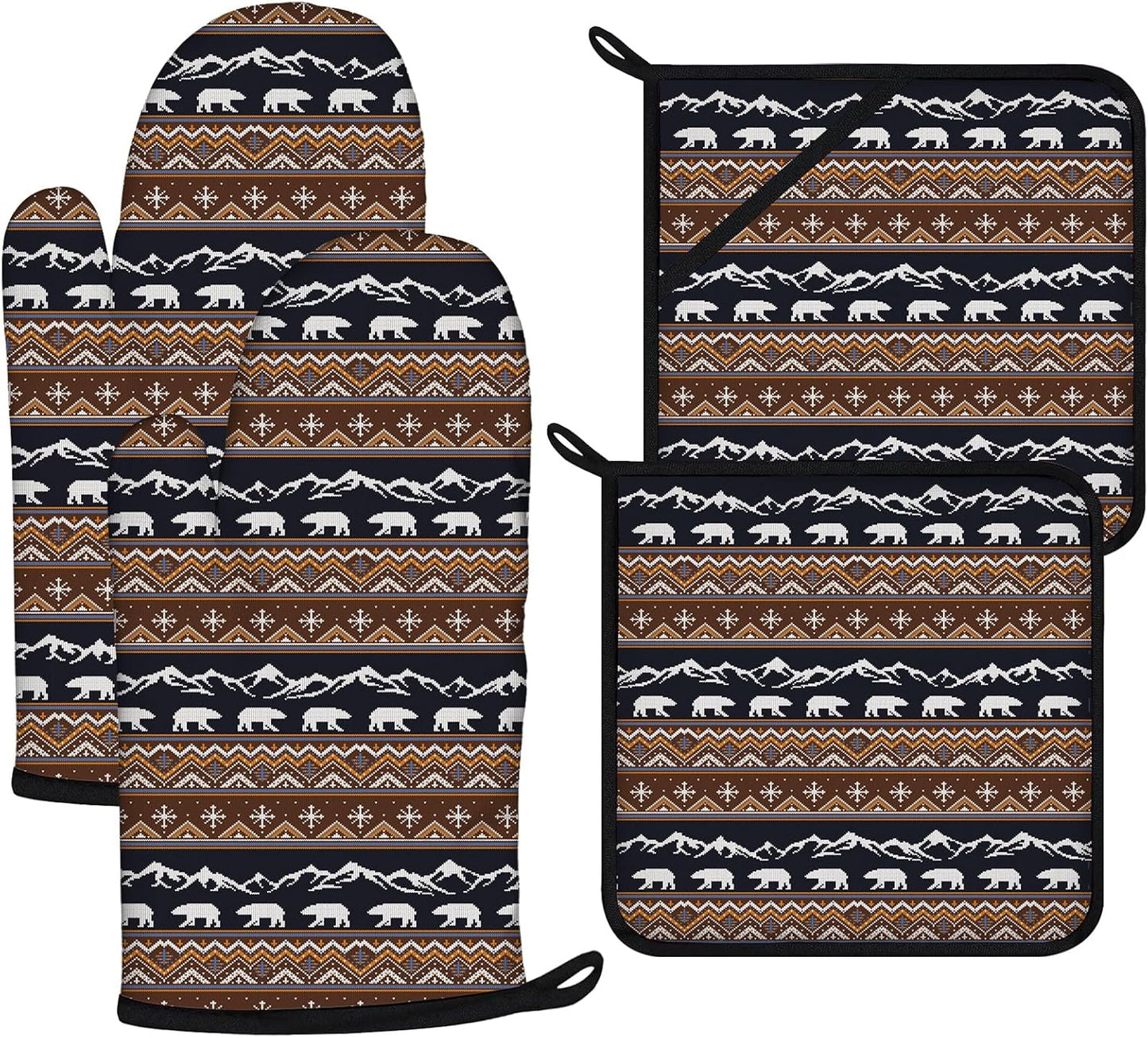 Vintage Rustic Bear Oven Mitts and Pot Holders Sets 4Pcs,Extra Long Oven Gloves Potholder for Kitchen Cooking Baking BBQ 100% Cotton Heat Resistant
