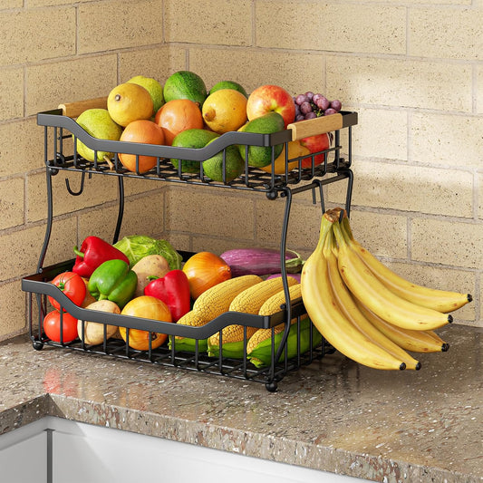 Giwil 2 Tier Countertop Fruit Basket for Kitchen, Vegetable Storage Bread Fruit Bowl Stand with 2 Banana Hangers, Wall Mounted Metal Wire Basket Organizer for Potato Onion, Black